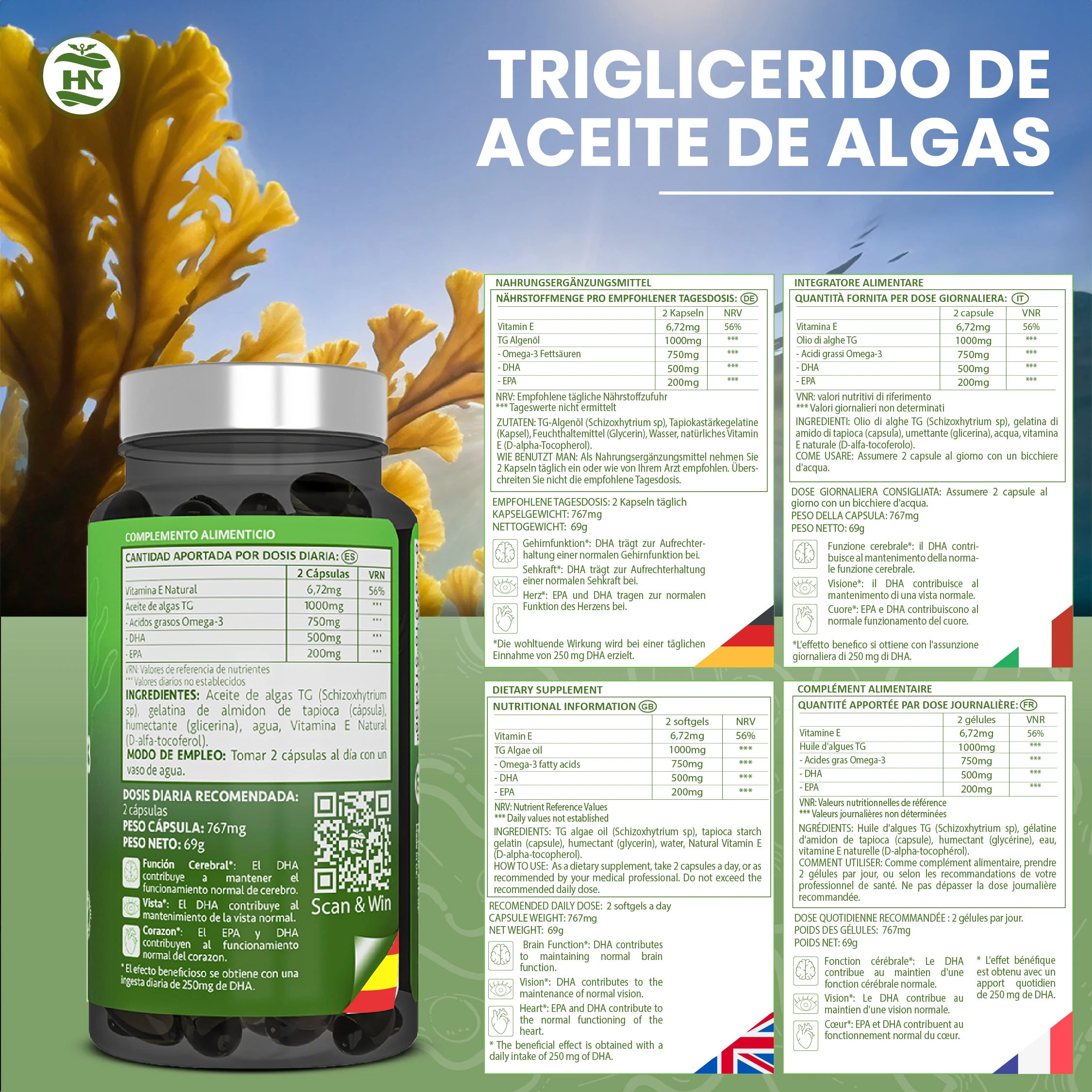 Hn - healthy nutrition omega 3 vegan algae (90 caps, 45 days) omega 3 algae oil balanced with dha and epa, omega 3 seaweed with vitamin e, ideal for brain and heart, supplement for vegans-vegetarian #5