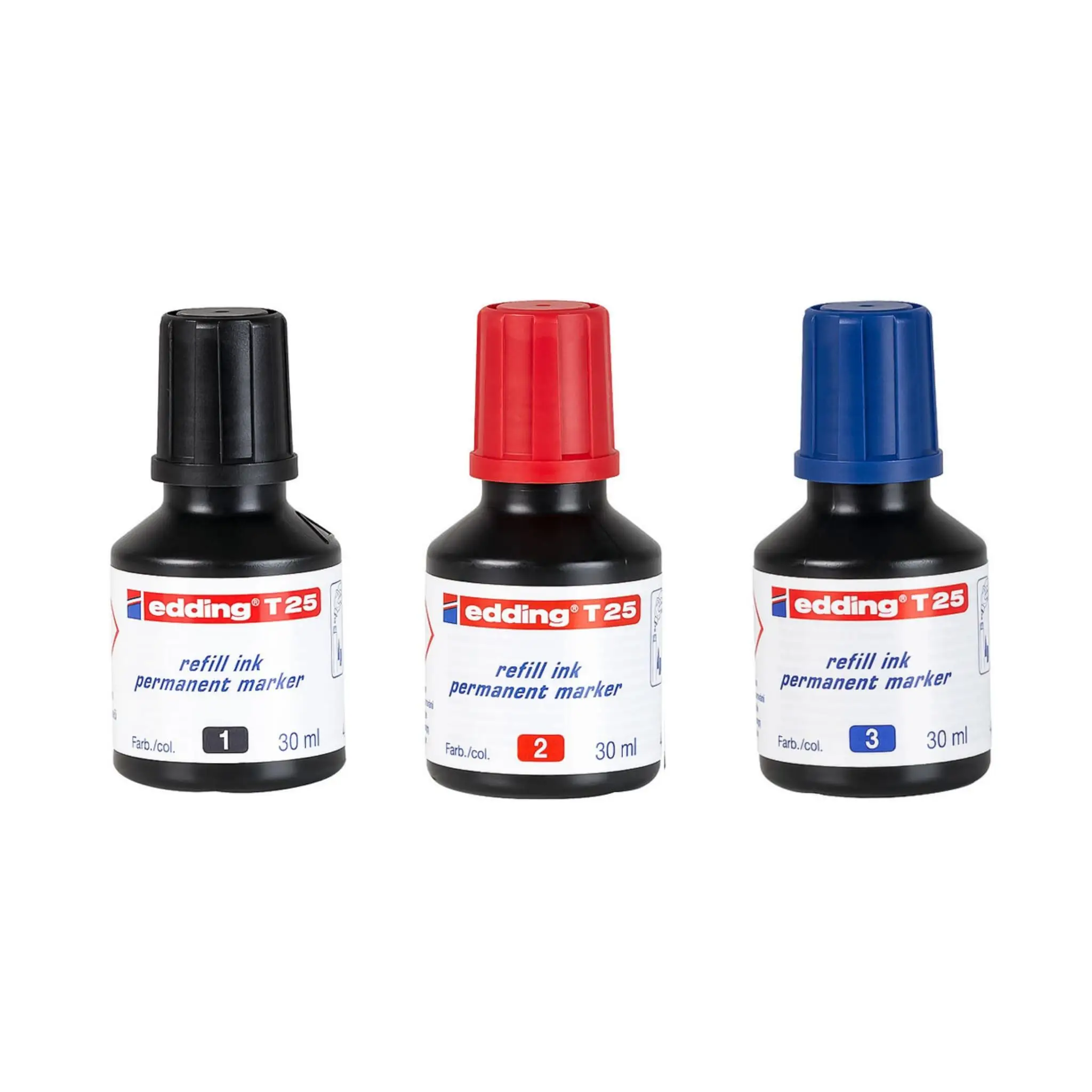 Edding T 25 tinta de recarga para marcador permanente - Negro,Rojo,Azul - 30 ml - con sistema dispensador de gotas, para rellenar rápidamente casi todos los marcadores permanentes edding calidad