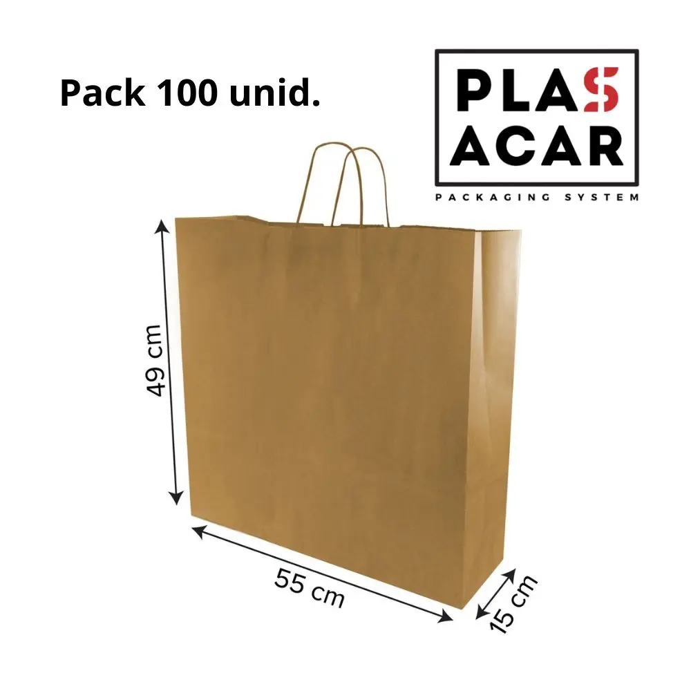 Plasacar S.L.-Bolsa Papel Kraft Asa Rizada 44+15x49cm comercios ecommerce (Pack 100 Unid.)