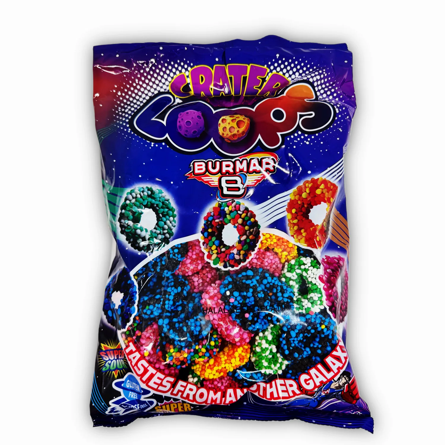 Crater Loops Burmar – Bolsa 1 kg Aros de gominola con cobertura crujiente y sabor afrutado. Textura sorprendente que combina lo suave con lo crocante. Bolsa de 1 kilo ideal para tiendas de golosinas, eventos o candy bars. ¡Diversión y sabor!