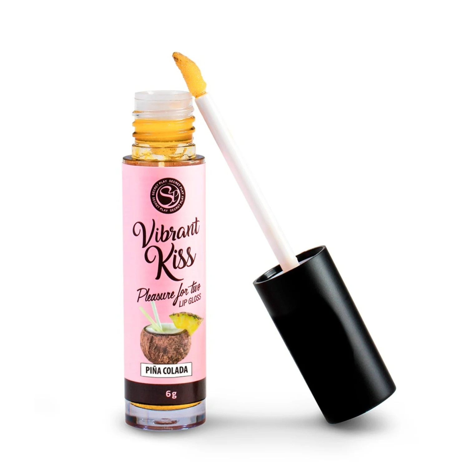 Sex lubricant Oral Gloss with flavor and vibration Secret Play lip Gel 100% edible six different flavors pineapple Colada Brownie sweet popcorn mint or strawberry gum Compatible with vegan Gluten free condoms contains 6 grams