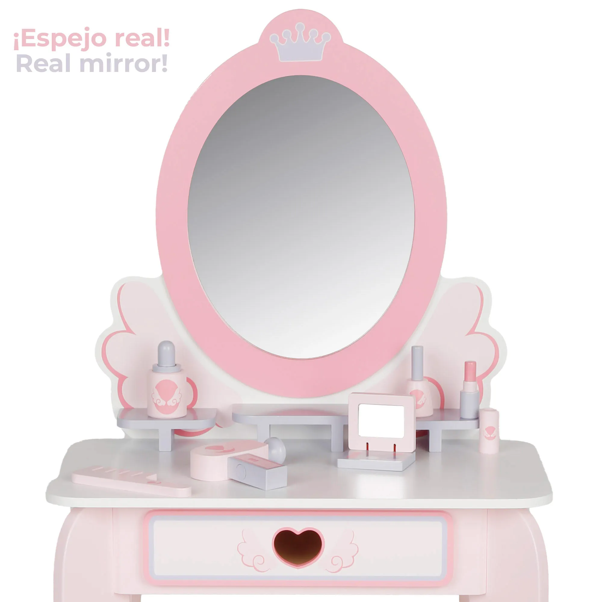 Woomax - makeup dressing table for girls with wooden stool and plexiglass mirror, 50x34x92 cm, pastel colors, children's dressings, with interactive accessories, toys for children 3 years #3