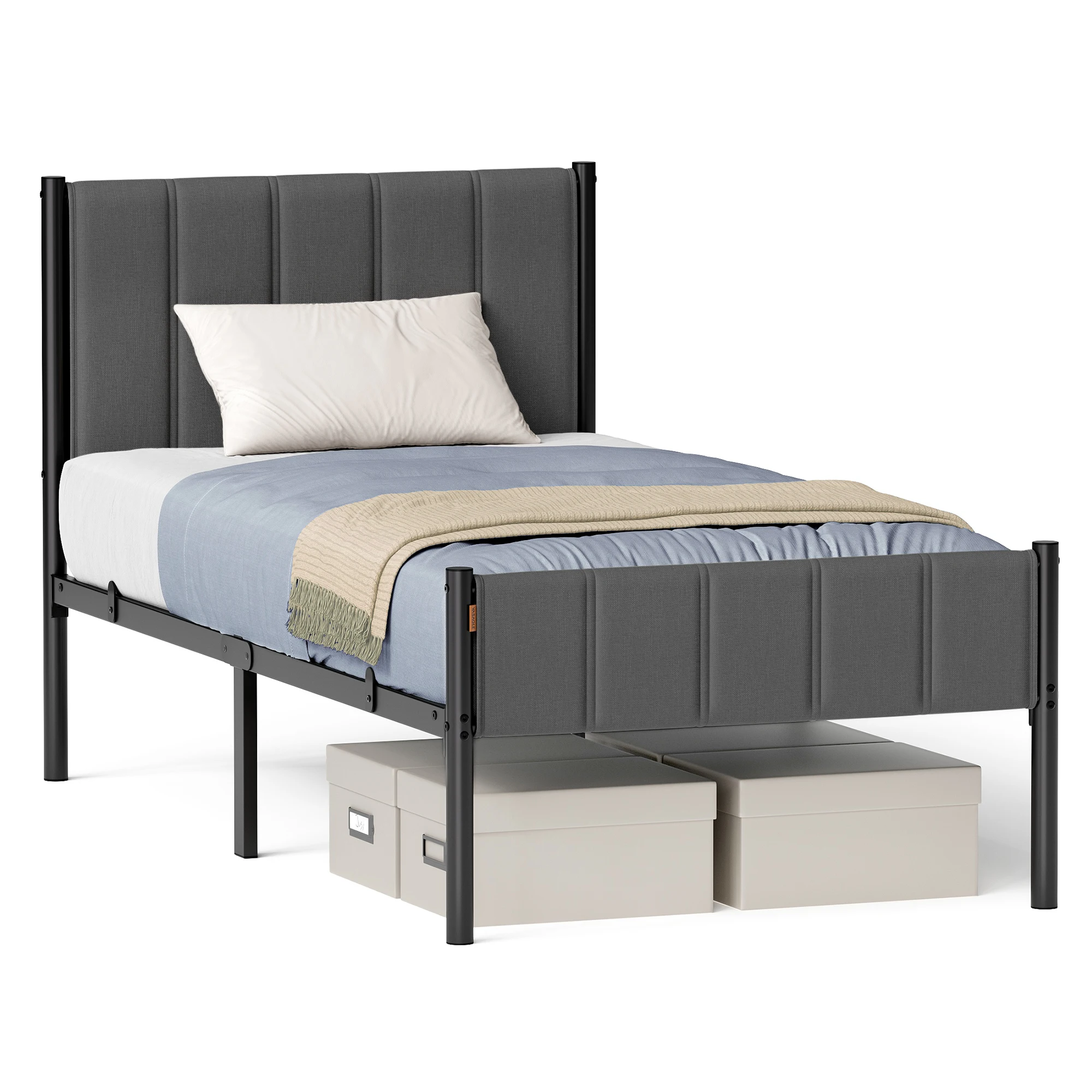 VASAGLE Struttura letto singolo, 90 x 190 cm, con testiera imbottita, metallo, capacità di carico 250 kg, facile montaggio, grigio ardesia
