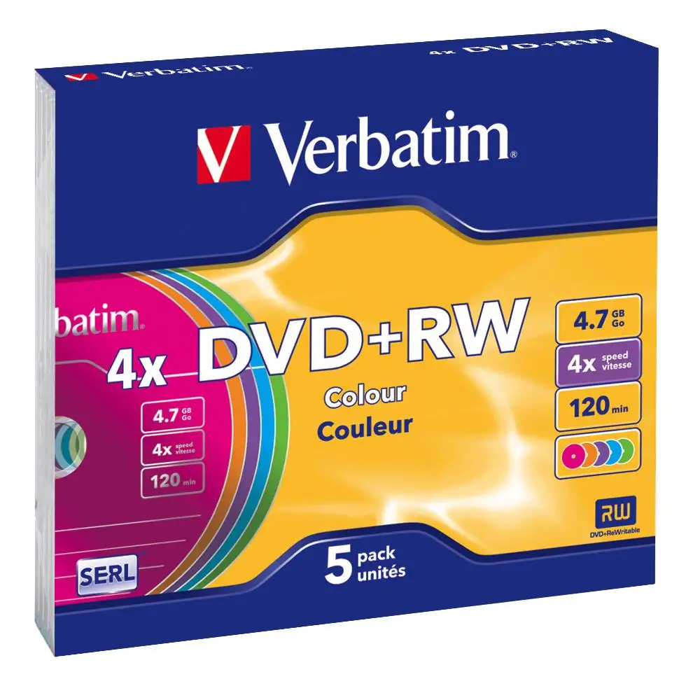 VERBATIM DVD + RW PACK 5 PCs SLIM box various colors