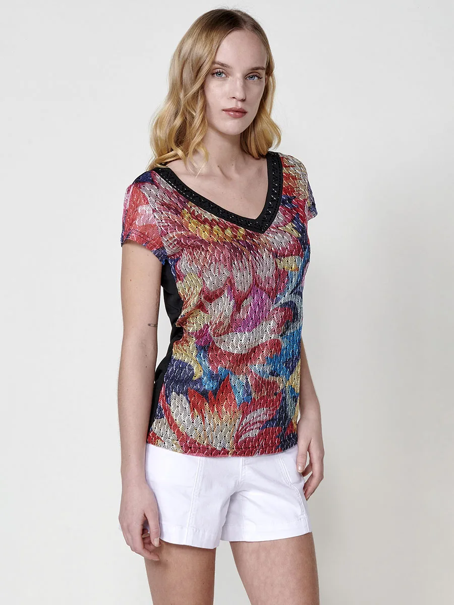 Koroshi Camiseta Mujer de blonda con estampado floral y brillos – Koroshi multicolor