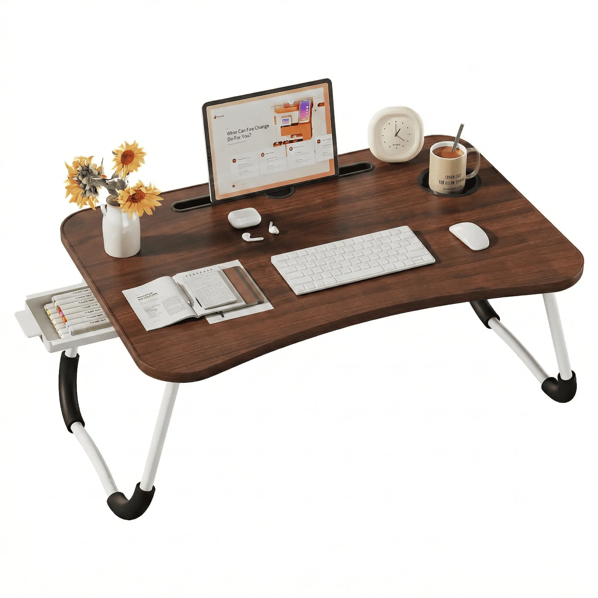 Mesa perezosa multifuncional, mesa de cama plegable portátil con Cajón, Bandeja para Cama, Mesa Plegable de Desayuno, Ideal para Portátil, Ordenador y Libros, Ergonómica, Mesa Auxiliar con Atril para