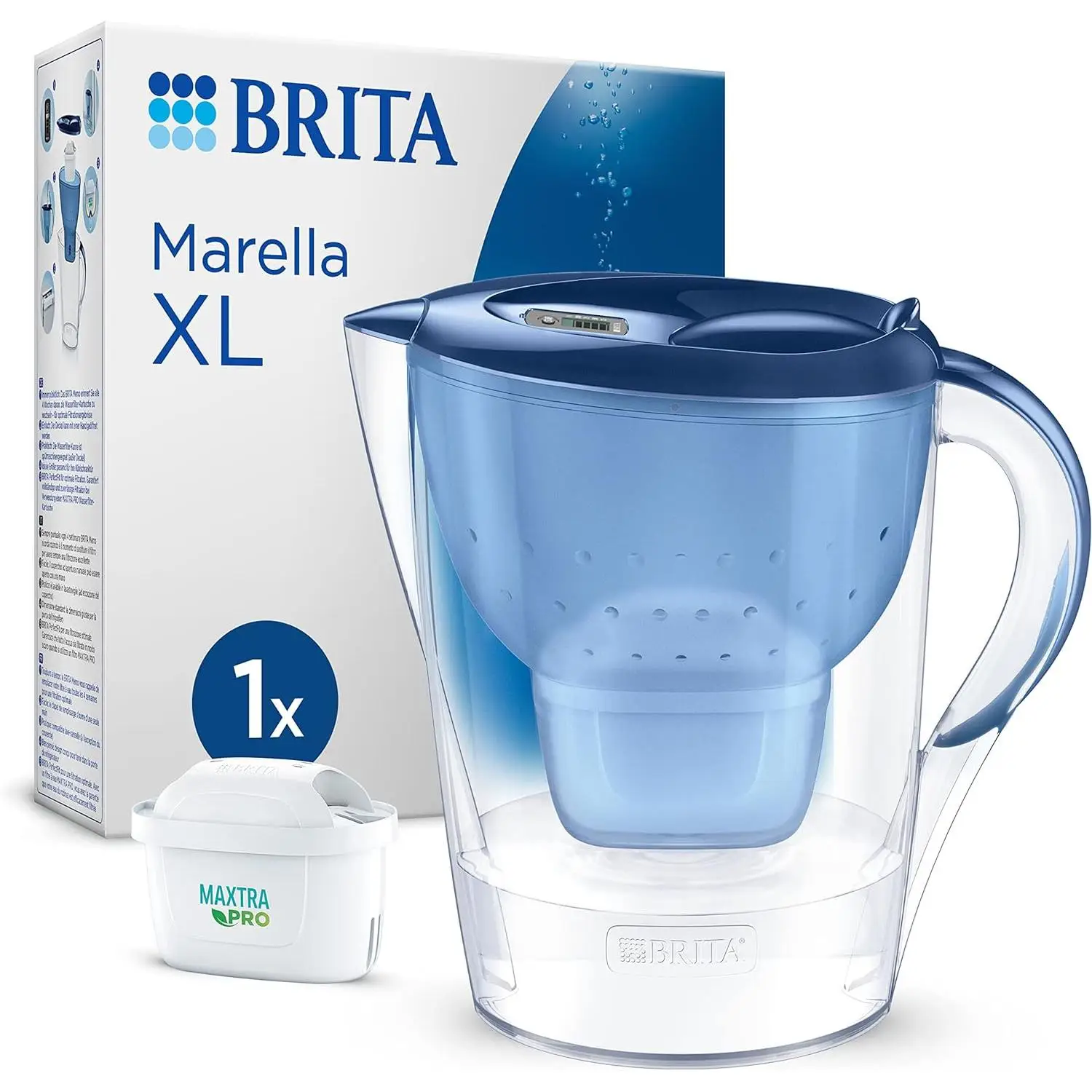 BRITA Jarra Filtrante, Modelo Marella XL Azul, 3,5L con Filtro MAXTRA PRO | 150L agua filtrada | Sin BPA | Apta lavavajillas | Indicador Memo | Reduce cal, cloro y metales | Diseño sostenible