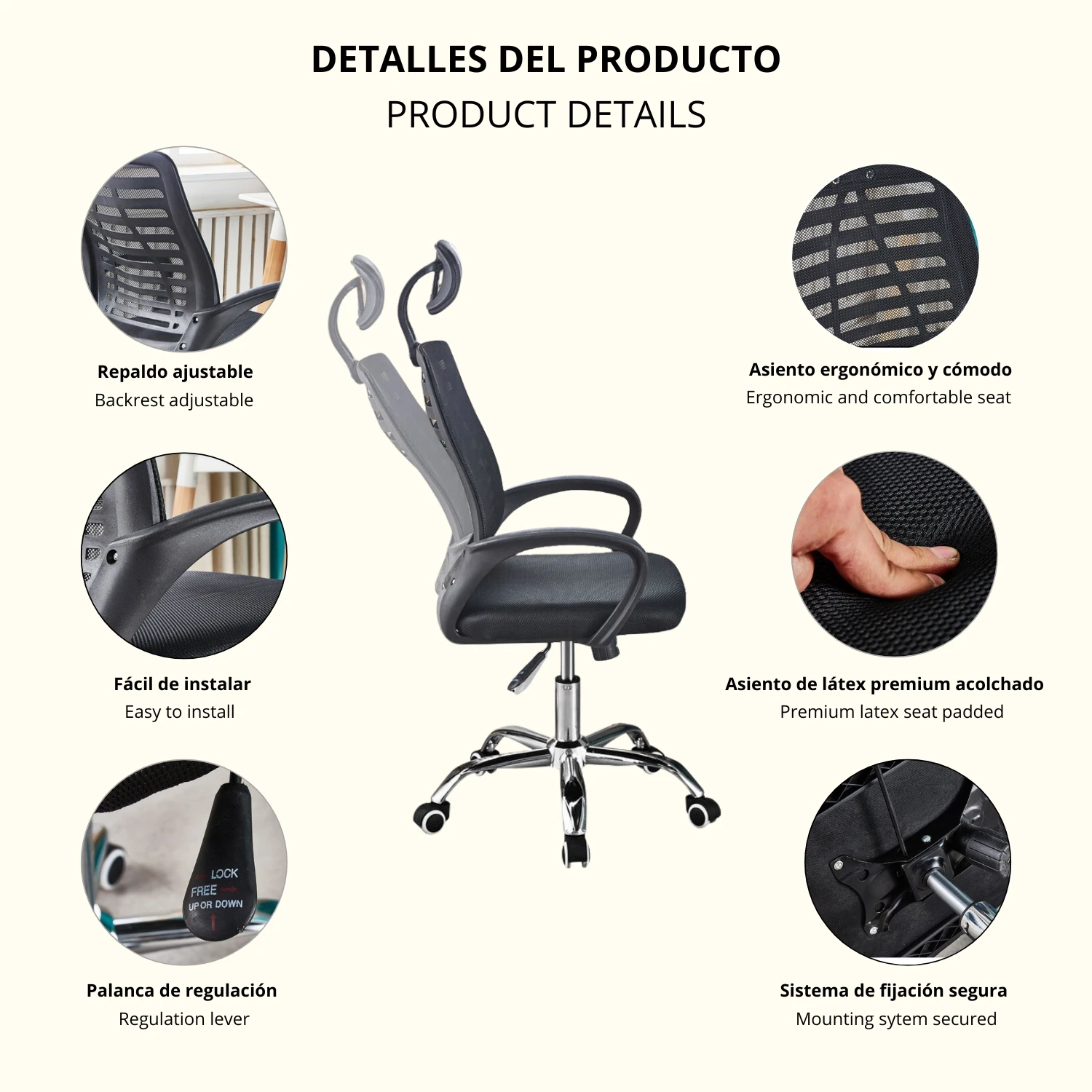 LUTODY - Desktop office chair with adjustable headrest, gaming, breathable and ergonomic latex mesh backrest with nylon lining, lever for adjusting height, armrests, 360 swivel wheel °   And metal base. #3