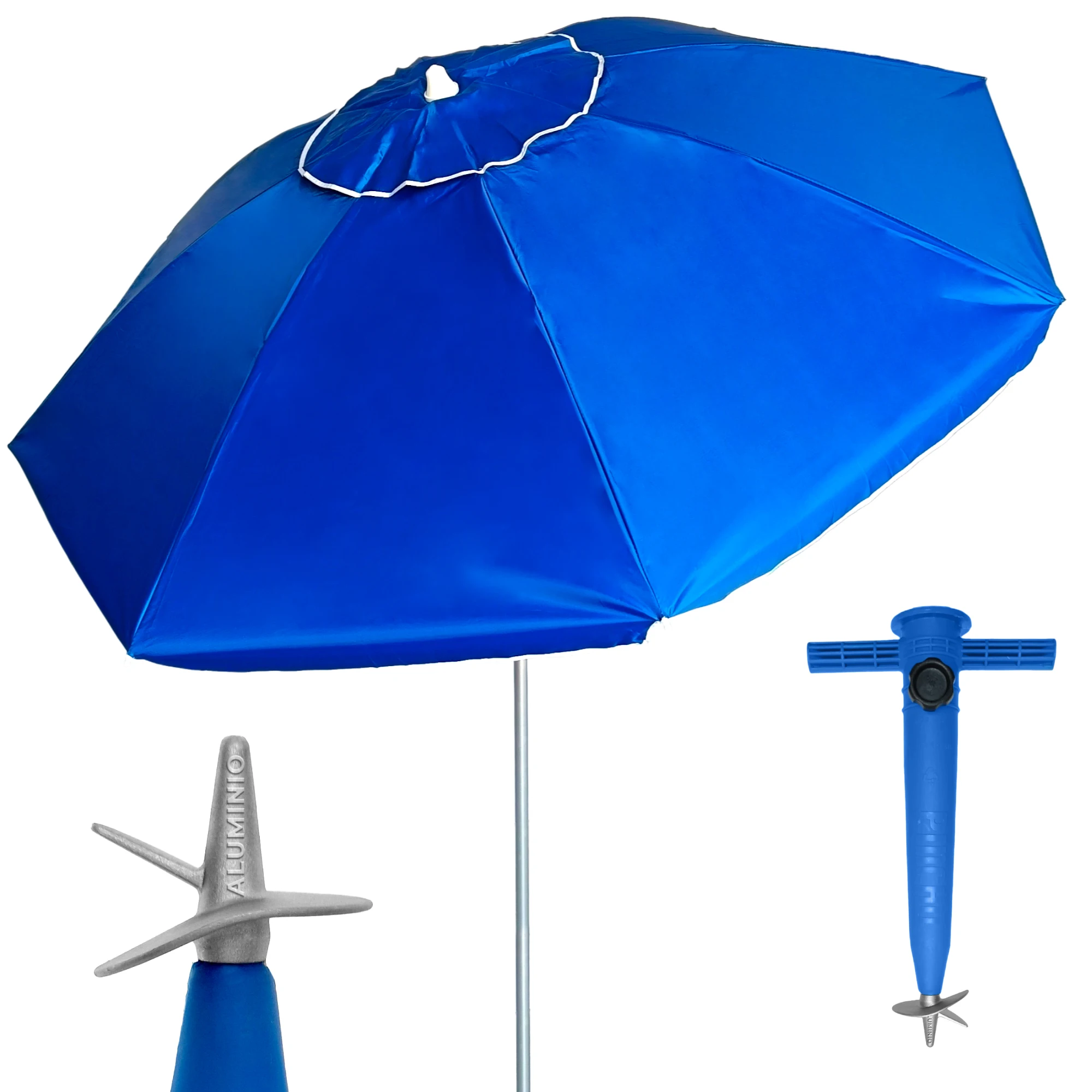 Sombrilla Playa Grande 200 cm, Antiviento con Protección UV50+, Tubo de Aluminio y 8 Varillas de Fibra de Vidrio, Reclinable con Ventana Superior, Incluye Punta de Aluminio