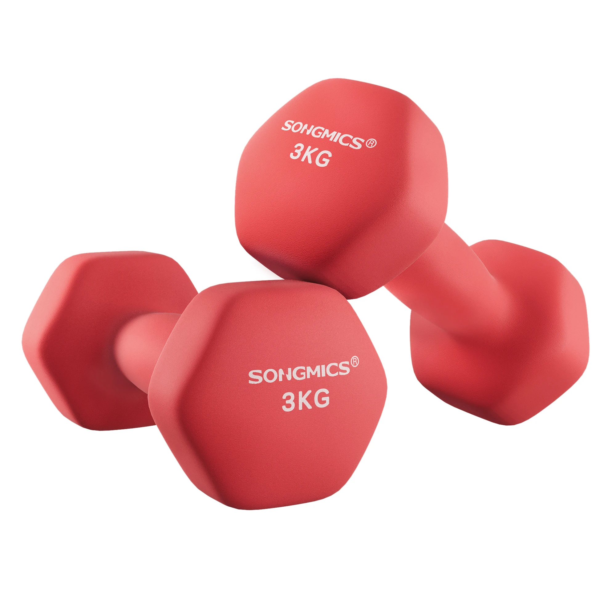 SONGMICS Juego de 2 mancuernas, mancuernas hexagonales, revestimiento de neopreno, entrenamiento de fuerza, entrenamiento de fitness, para el hogar,Rojo Rubí/Naranja Papaya
