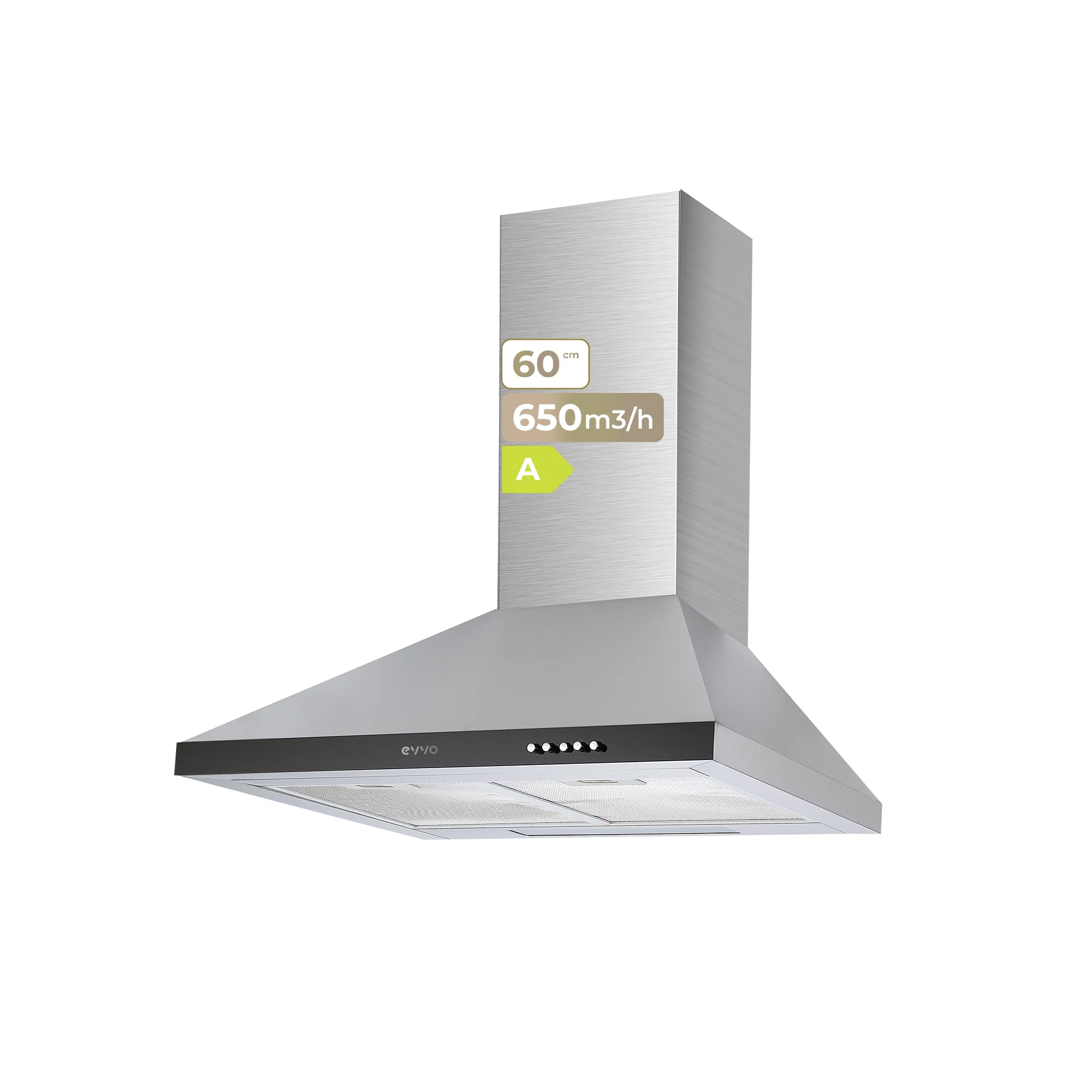 Campana Extractora EVVO CE21 Pyramid, 60 cm, Inox, 650 m³/h, 3 Velocidades, Energía A
