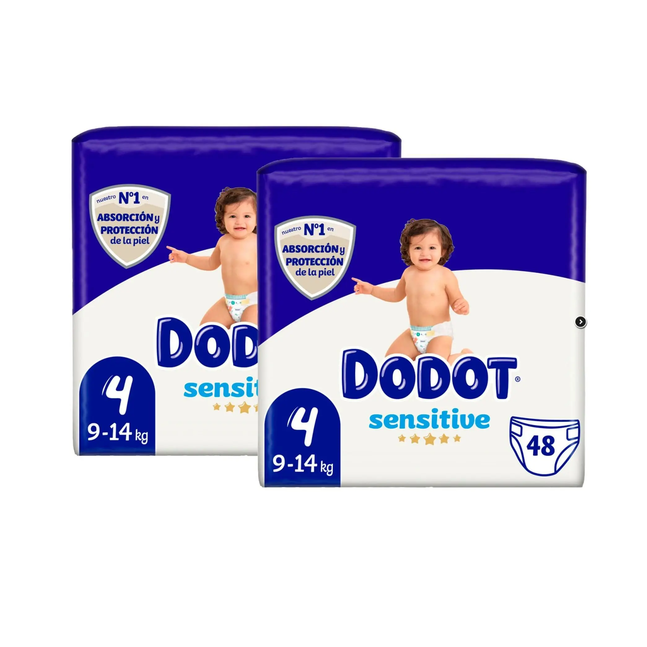 PACK de 2 - pañales desechables Sensitive Talla 4 (9–14 kg) – 96 unidades con Barrera Stop Fugas, indicador de humedad y suavidad extrema para bebés con piel sensible