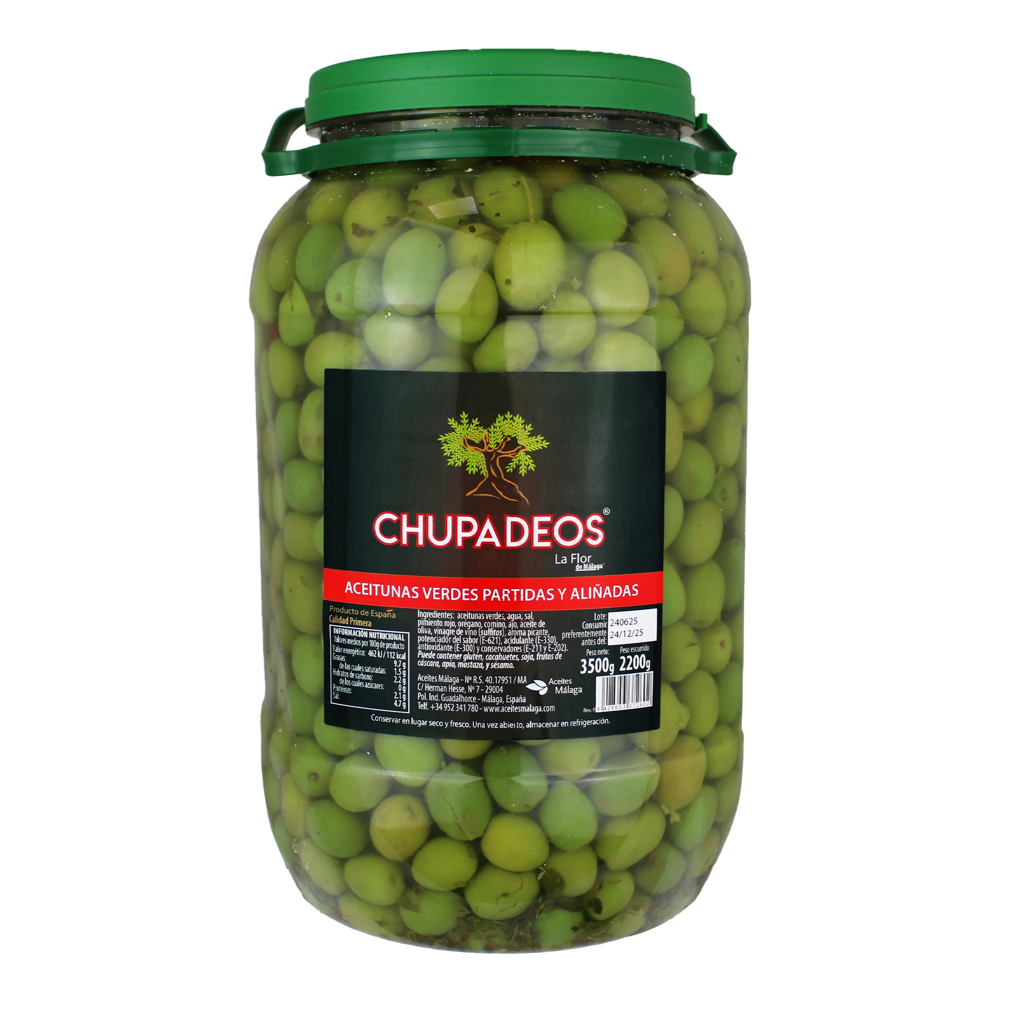 ACEITUNAS VERDIAL CHUPADEOS LA FLOR DE MÁLAGA | BOTE PET 3 KG (2.25 KG ESC) | ALIÑADAS CON ESPECIAS | GRAN FORMATO HOSTELERÍA