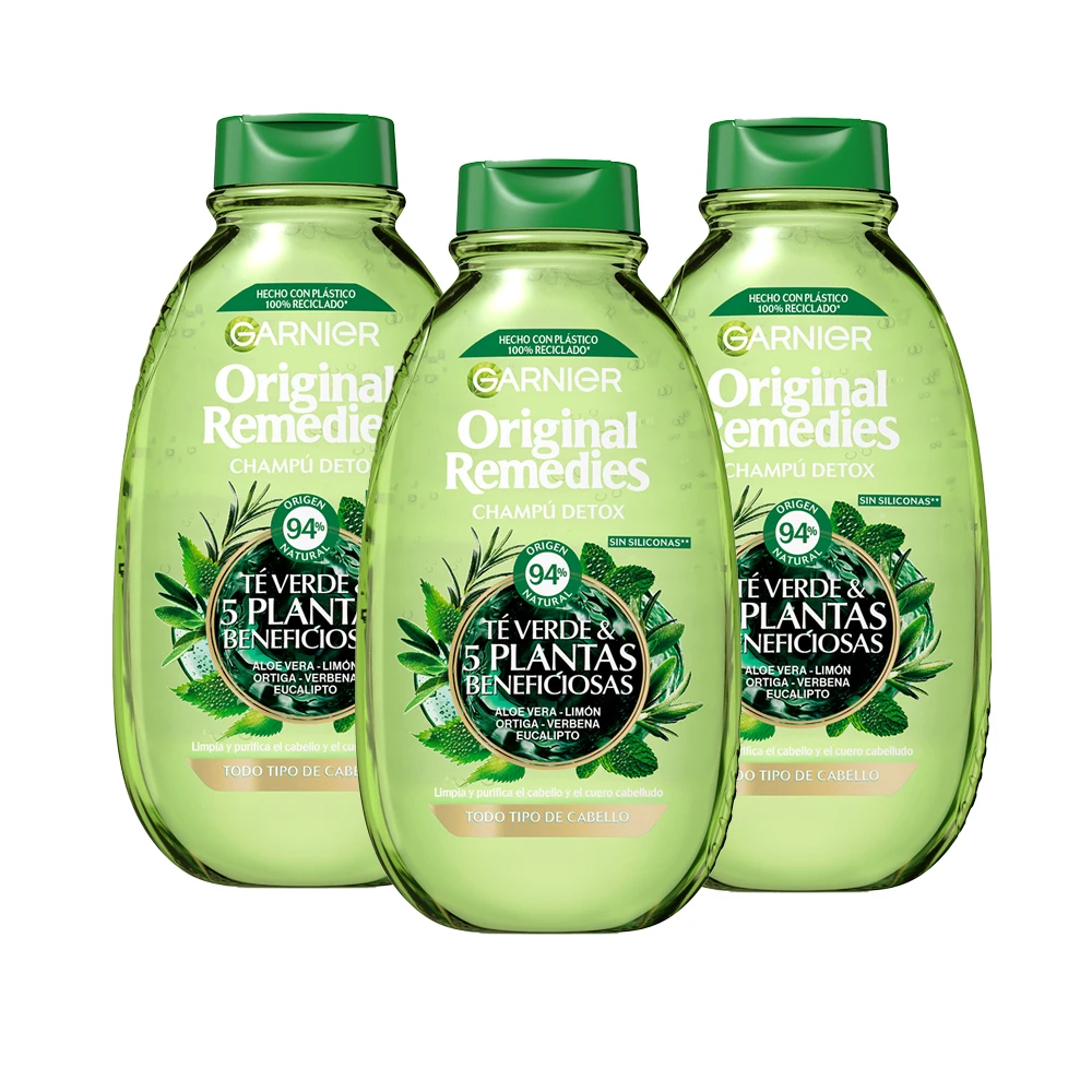 Garnier | Original Remedies Té Verde y 5 Plantas Beneficiosas Champú Detox - 3x400 ml