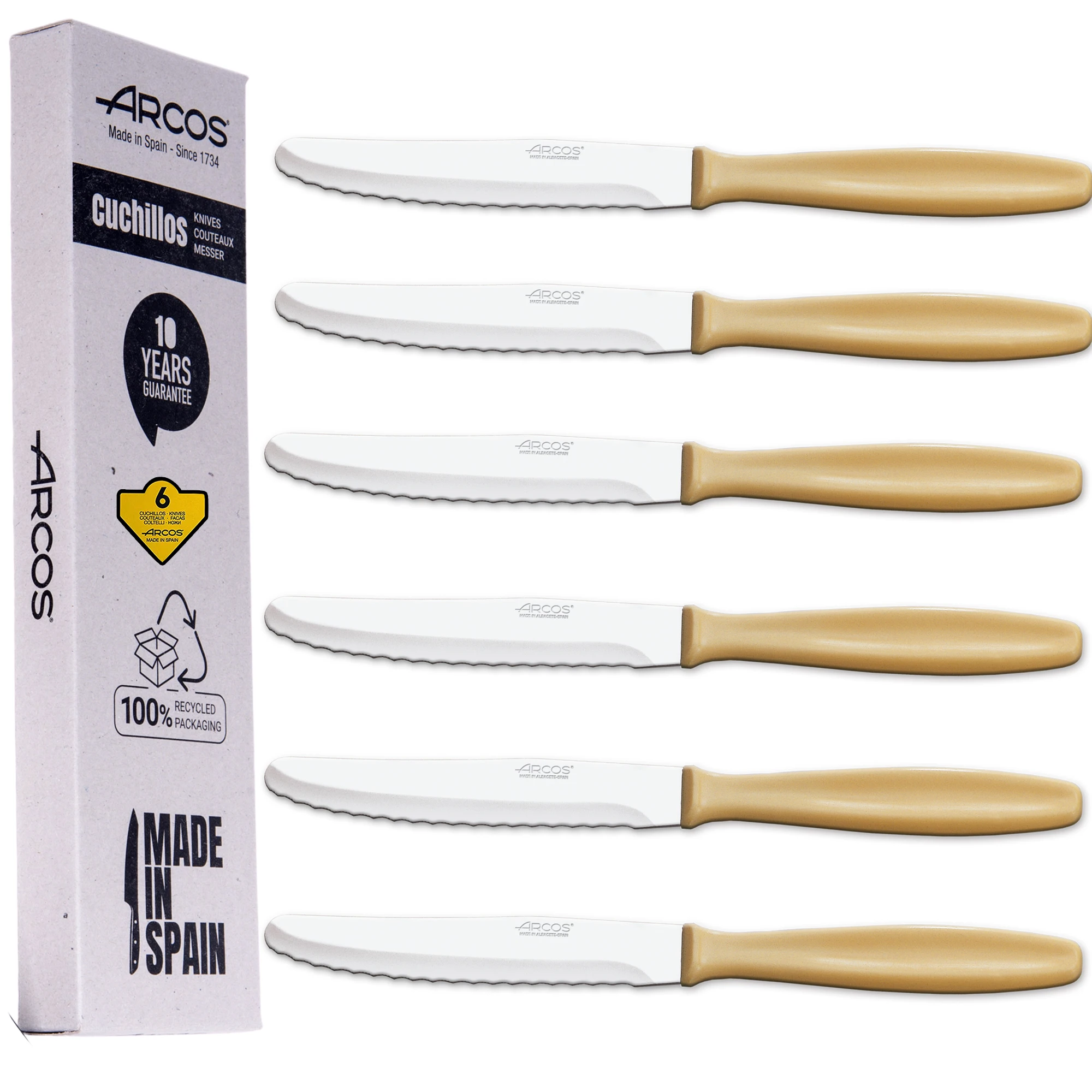 Arcos Juego Cuchillos Mesa  Cuchillo Postre  Cuchillos Mesa  Cuchillo Carne   6 Uds  Hoja 105 mm  Acero Inoxidable Martensítico  Mango Polipropileno  Apto lavavajillas  Envase Ecológico
