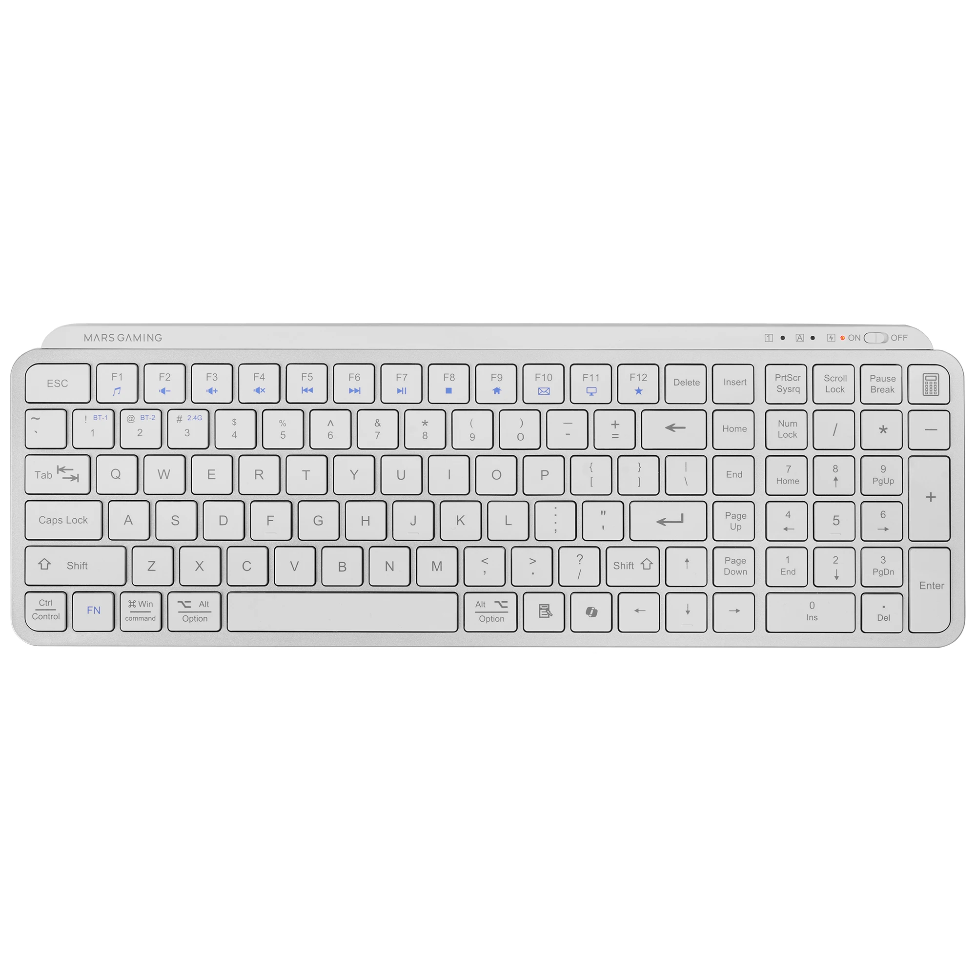 Mars Gaming MK-SILENKEYS, Teclado Inalámbrico Full-Format Compacto, Perfil Bajo, Switches Tijera Silenciosos, Tecla Copilot AI, Bluetooth 5.1 Dual + 2.4GPRO, Batería 200h, PC/Mac, Blanco, Idioma