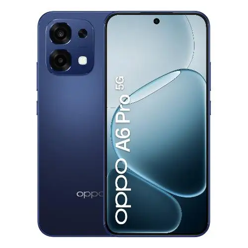 OPPO A6 Pro 8GB/256GB 5G Stellar Blue smartphone with a 6.57" AMOLED display, 50 MP dual rear camera, 16 MP front camera, 6,500 mAh battery, and IP69 water and dust resistance, perfect for durable and high-performance mobile usage.