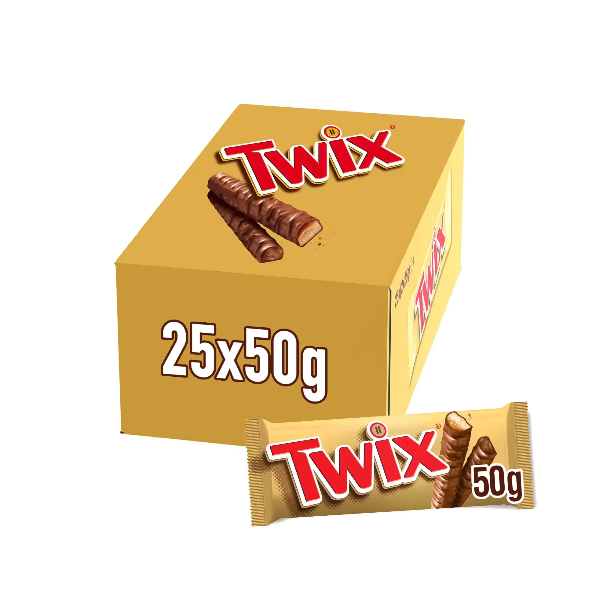 Chocolatina Twix con Galleta crujiente y suave caramelo recubiertos de chocolate con leche - 25x50g