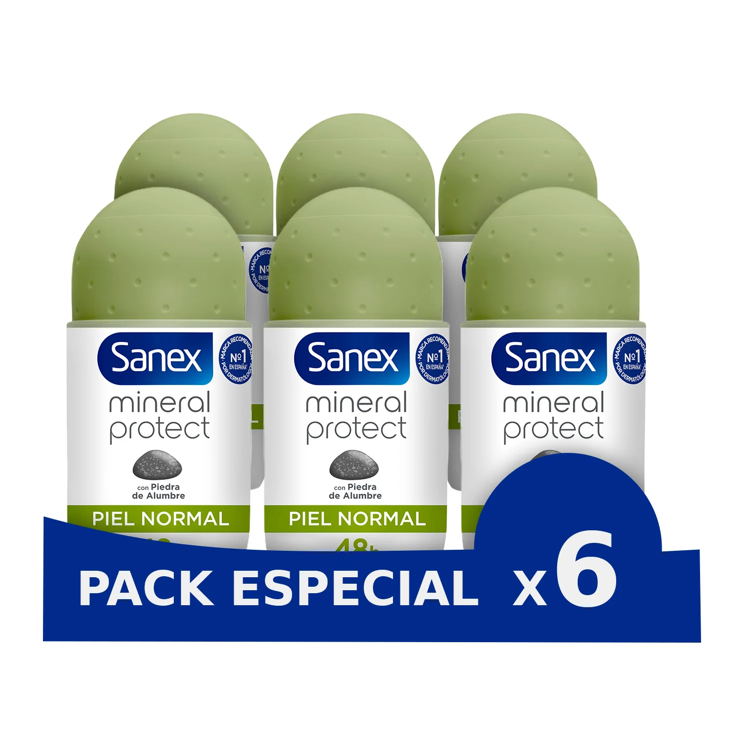 Sanex Pack x6 Desodorante Roll-On Mineral Protect Piel Normal 48h con piedra de alumbre Unisex (50ml)
