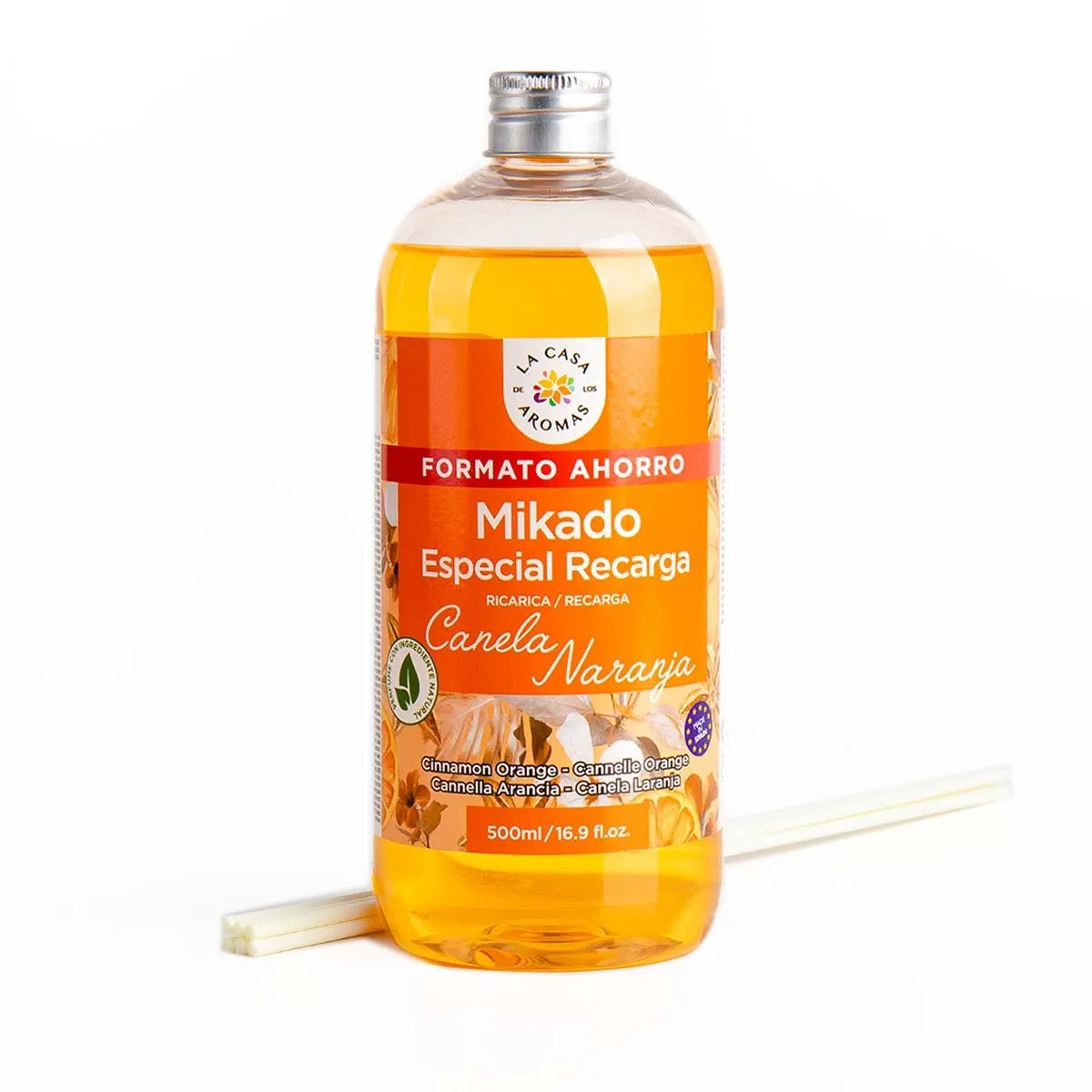 La Casa de los Aromas ambientador Mikado Reposicion CANELA NARANJA  botella 500ml incluye palitos de recambios.Ambientador Fragancia duradera Calidad Casa Aromas garantizada
