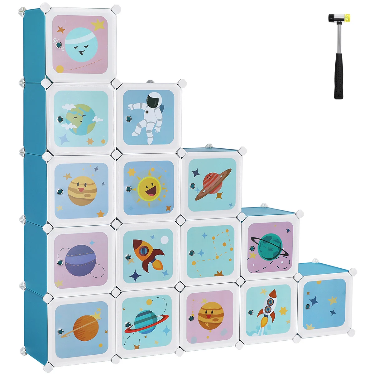 SONGMICS Armario Modular Infantil de 15 Cubos, Organizador Modular para niños, Estantes de Cubo de plástico, con Puertas, para Ropa, Zapatos, Juguetes, 153 x 31 x 153 cm, Azul/Blanco
