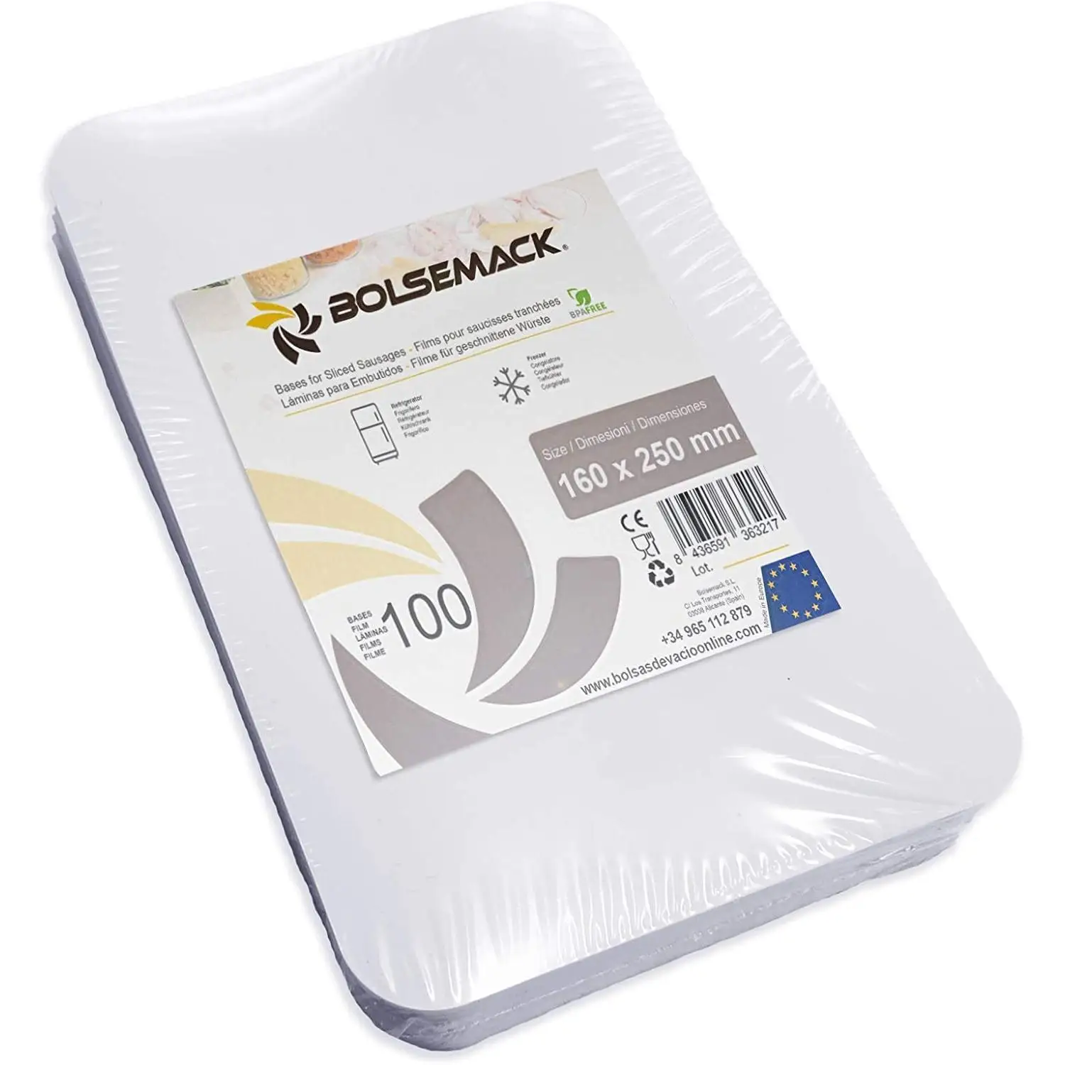 Bolsemack Bases Loncheado 160x250mm Blanco (100 unidades) de 200 Micras Para Loncheados de Productos Apto para todo tipo de bolsas de vacío Ideal para embutidos o salazones.