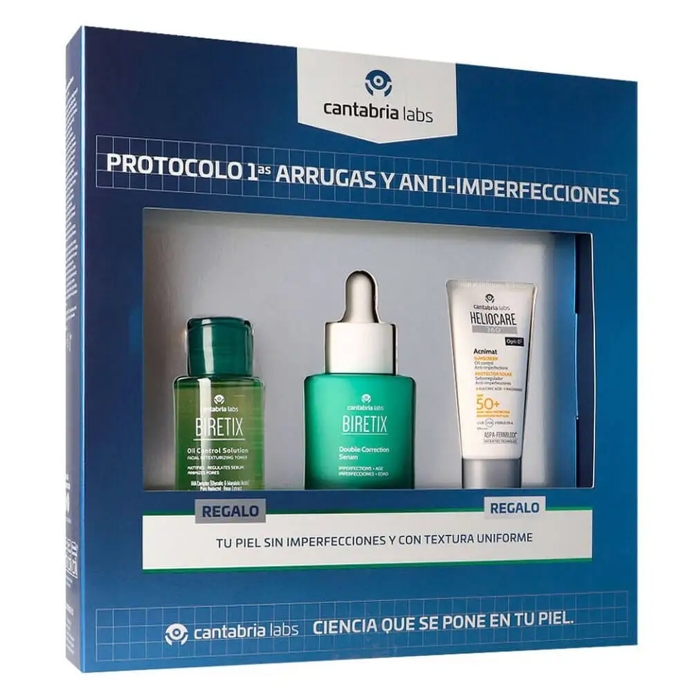 Cantabria Biretix Double Correction Serum 30 ml, anti-acne set for oily skin with Biretix Oil Control 15 ml and Heliocare Acnimat 15 ml, contains salicylic acid and retinol for reducing imperfections and providing sun protection.