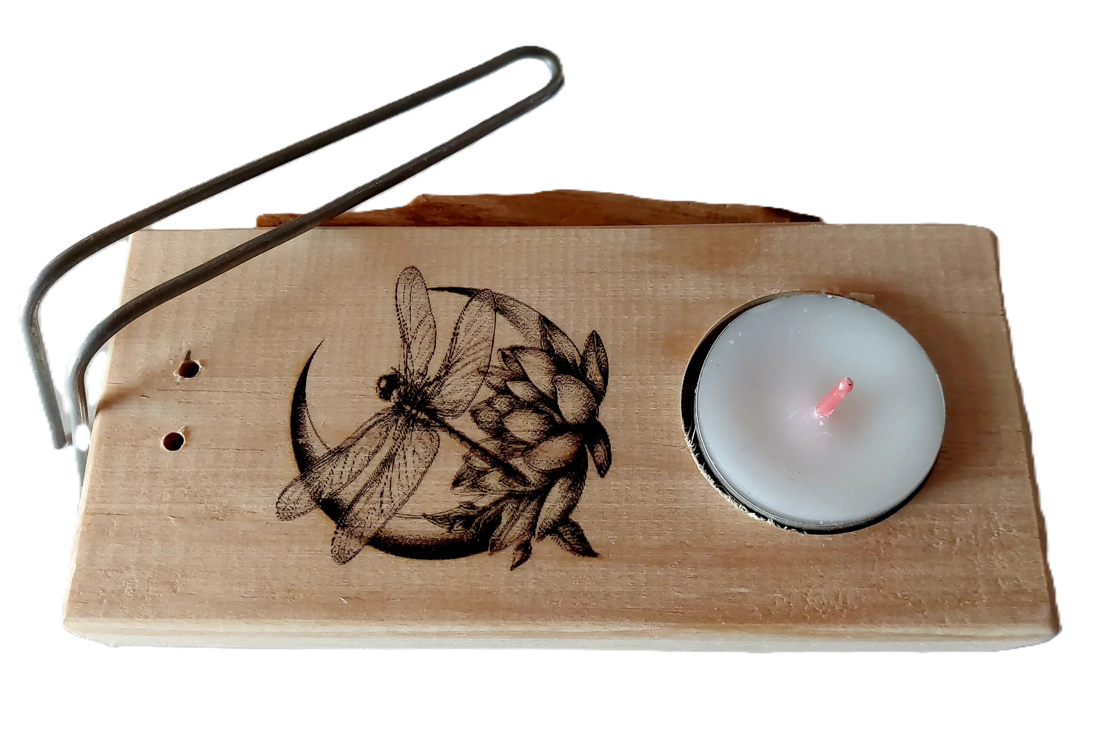 Handmade Natural Wood Palo Santo Burner with Metal Support, Includes Tea Light Candle and Genuine Palo Santo, Features Lotus Flower and Dragonfly Design, Safe and Stable for Incense Burning. #3