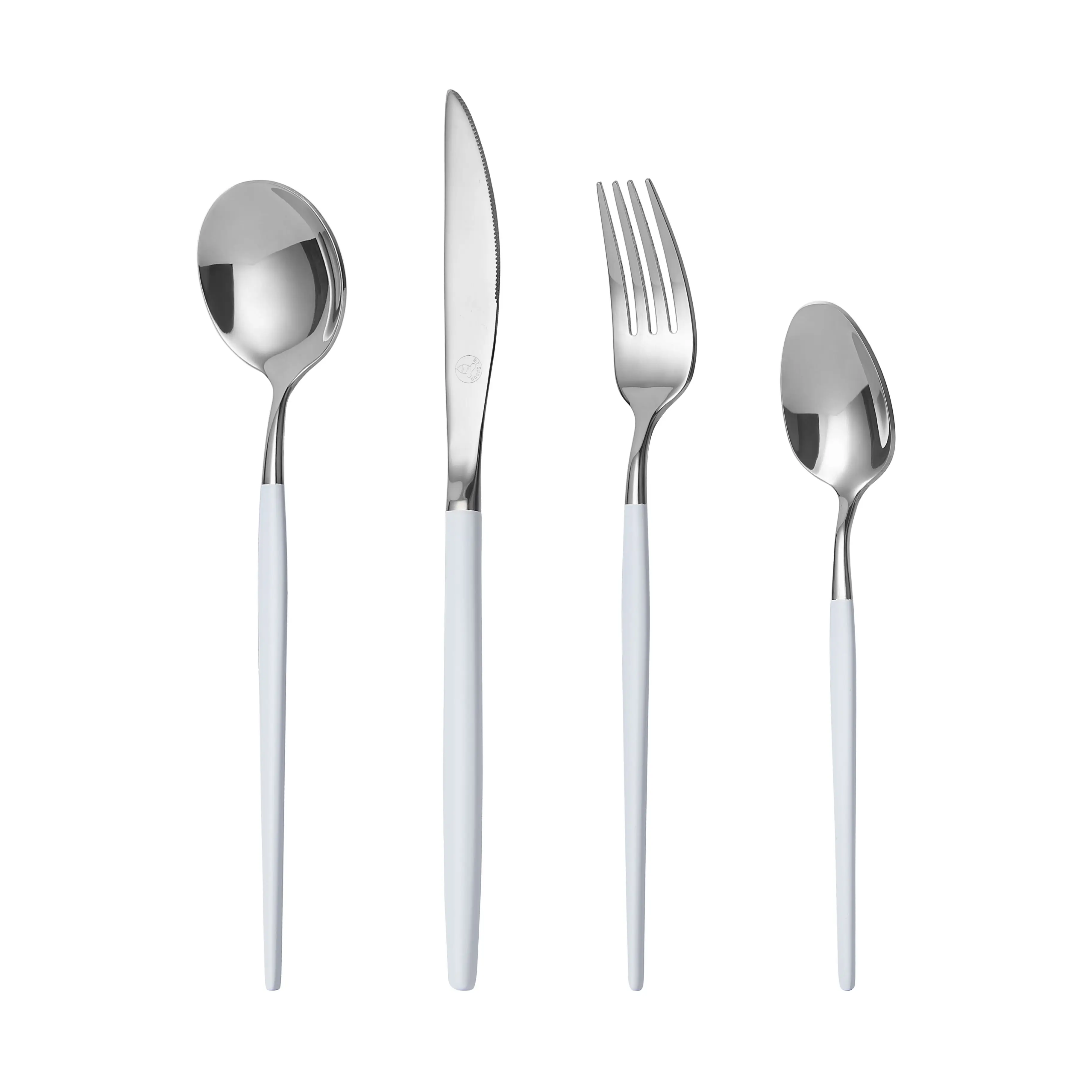 Mr.Spoon Juego 24 piezas Cubiertos, Acero inoxidable 18/0, Color Plateado, Mango blanco, Incluye cuchillo,tenedor,cuchara,cucharilla, Cubertería, Servicio para 6 Personas, Apto para lavavajillas.
