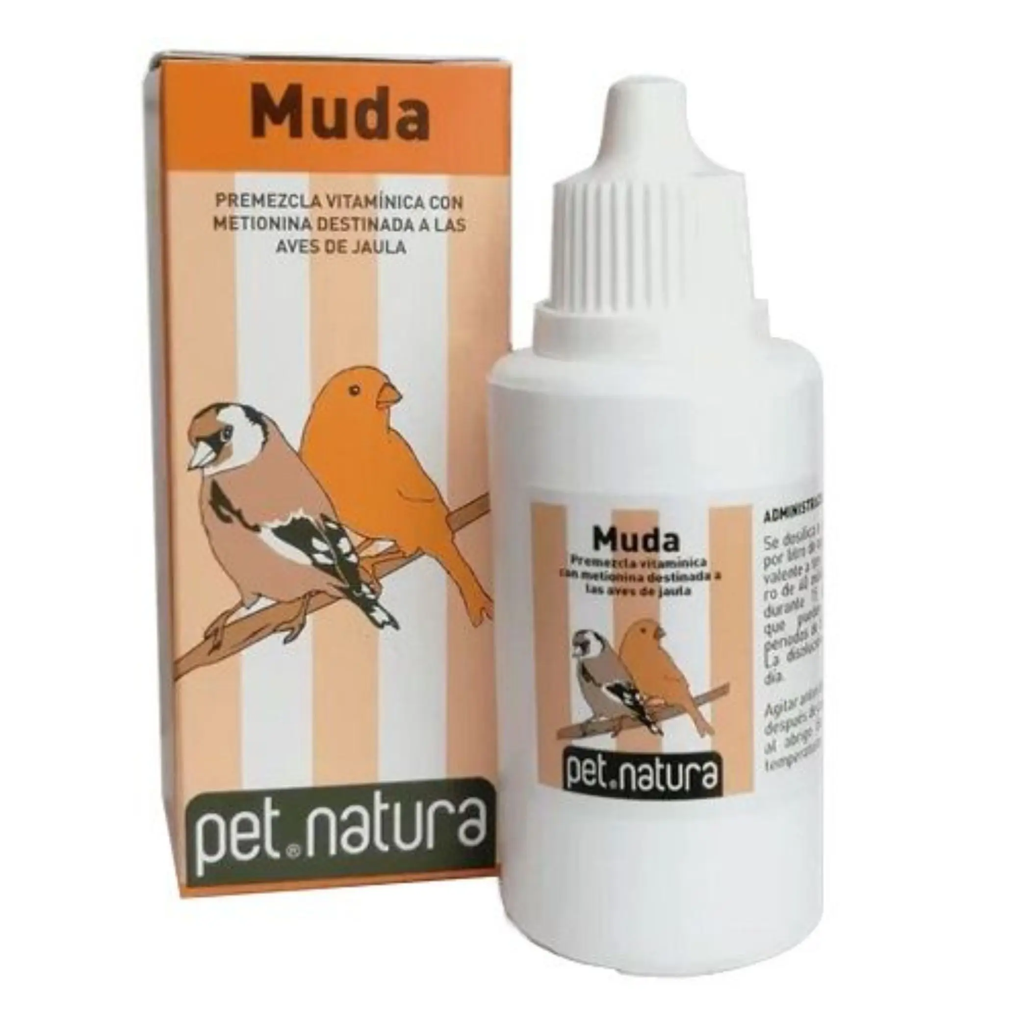 Pet Natura Muda 25ml-complementary food with methionine for cage birds-canaries, goldfinches, parakeets and in general all Pet birds-shortens the molting period, improves the plumage of the breeding and beautifies that of the adults