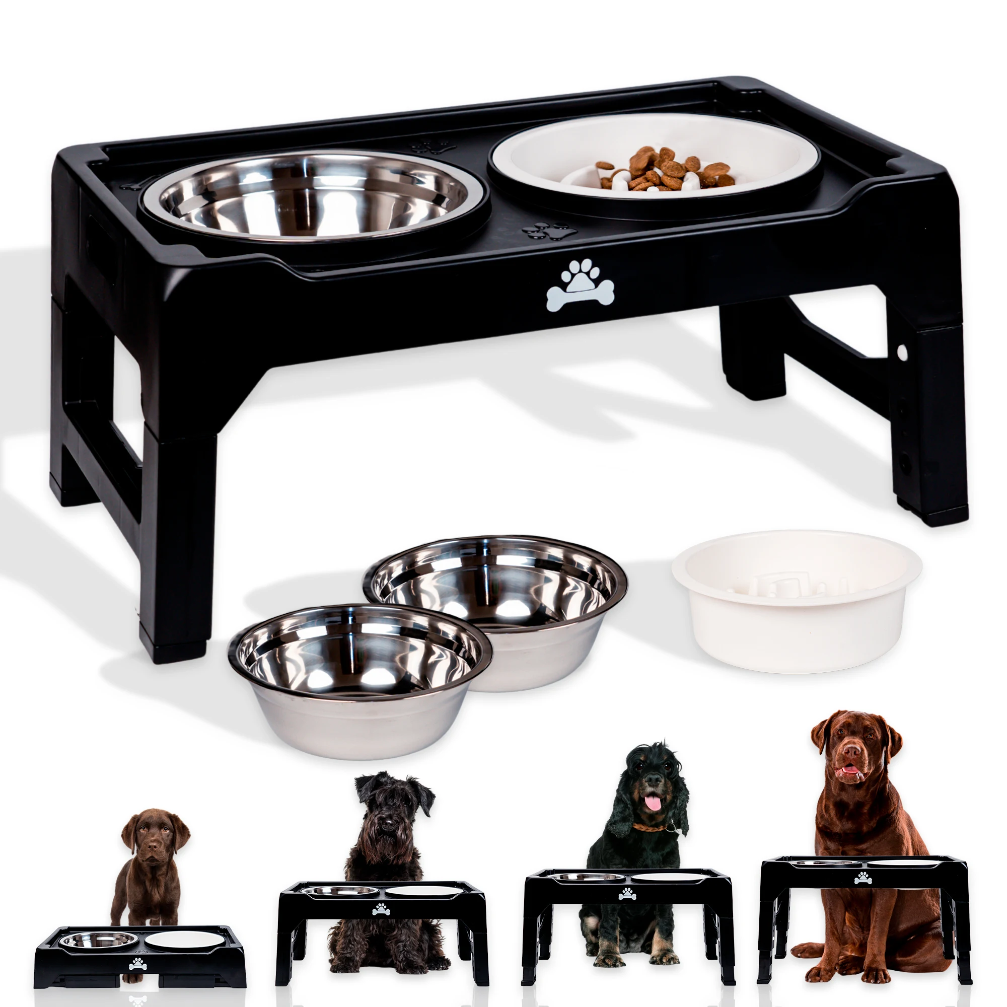 ALEVADI | Comedero Perro Elevado de 4 Alturas Ajustables | 2x Cuencos Acero Inoxidable | 1x Cuenco Antivoracidad ingesta lenta | ajustables en función del tamaño y edad | Ideal para Perros Gigantes, Grandes, Medianos y Cachorros | Patas antideslizantes