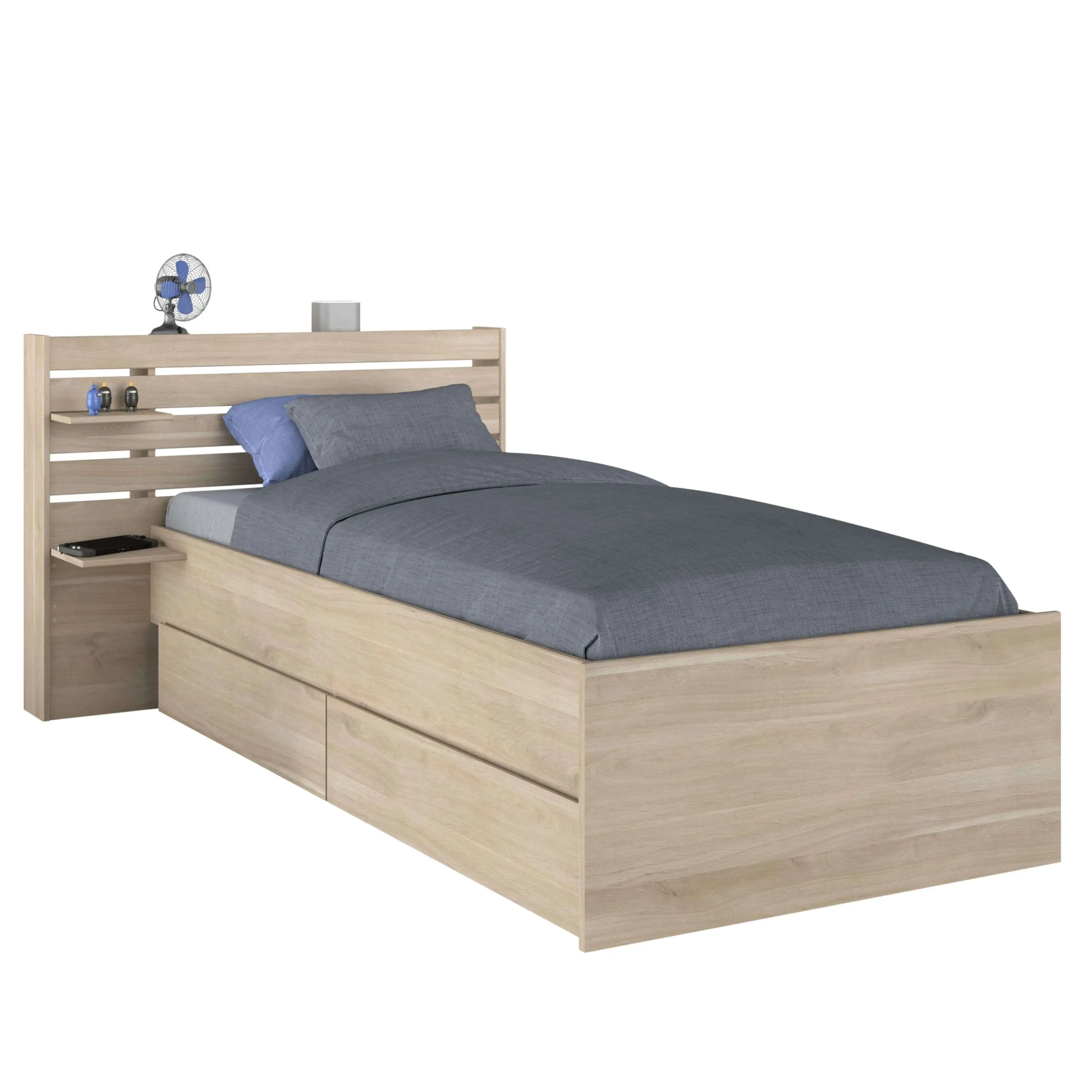 Miroytengo Cama Juvenil Eik en color Roble Japonés con cabecero 90x190-200 cm