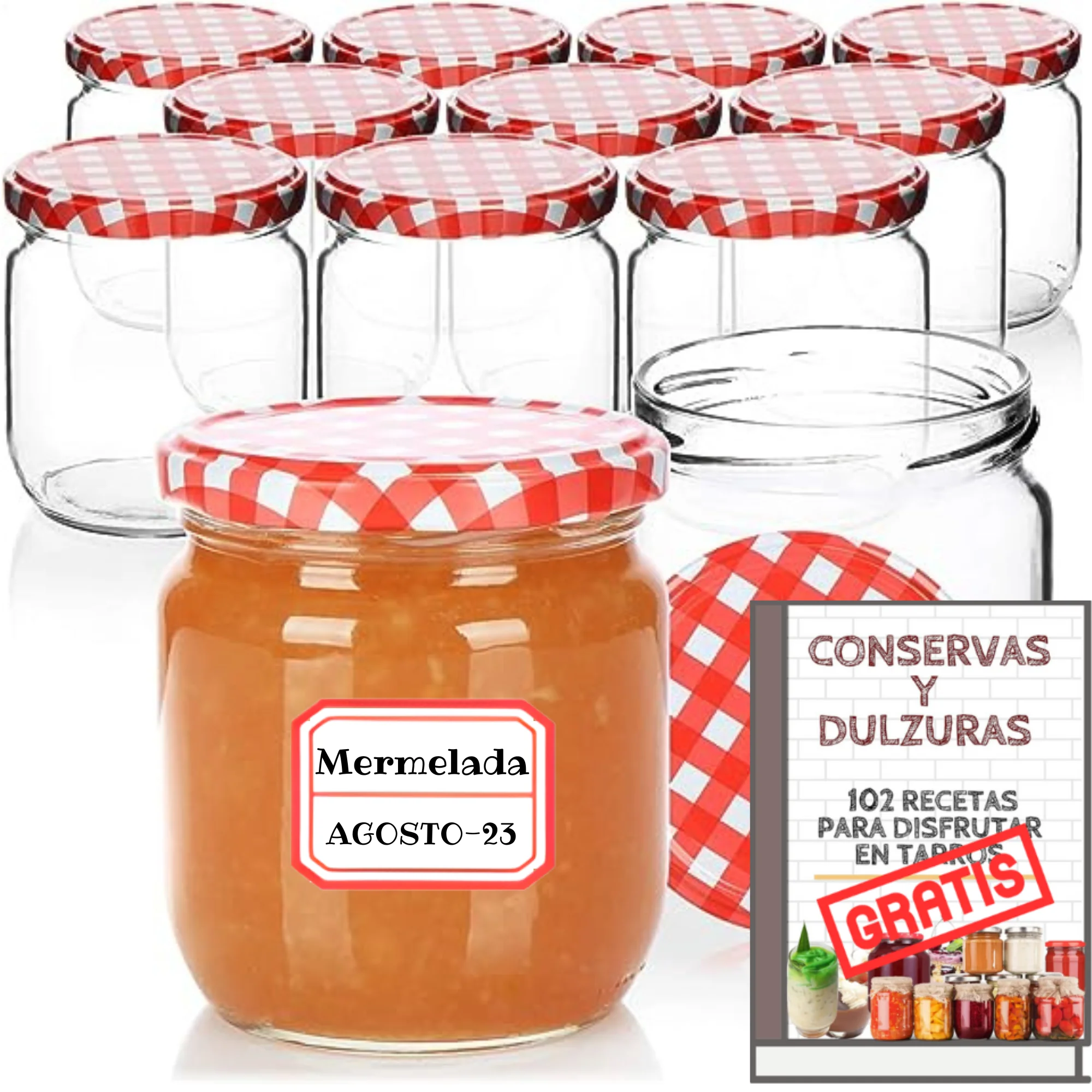MundoTarros - Tarros de Cristal de 250 ml con Tapa de Rosca Hermética + Ebook de 102 Recetas - Tarritos para Postres, Mermelada, yogur, salsas - Incluye Etiquetas