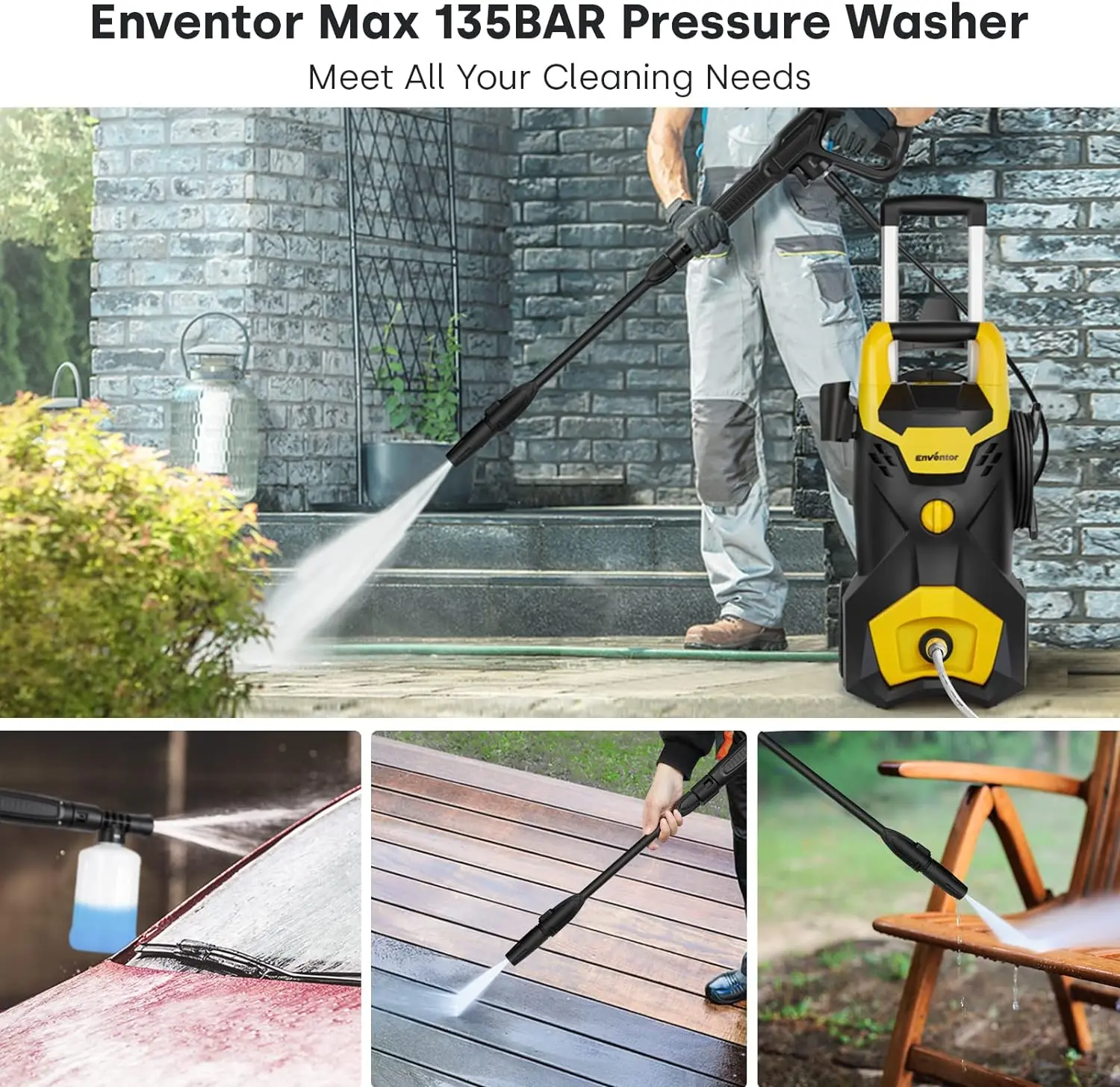 جهاز تنظيف الضغط العالي من ENVENTOR، منظف الضغط الكهربائي 1800 وات بحد أقصى 135 بار، معدل التدفق بحد أقصى 350 لتر/ساعة، مع زجاجة صابون 450 مل، خرطوم 5 متر، كابل 5 متر، ساحة حديقة السيارة