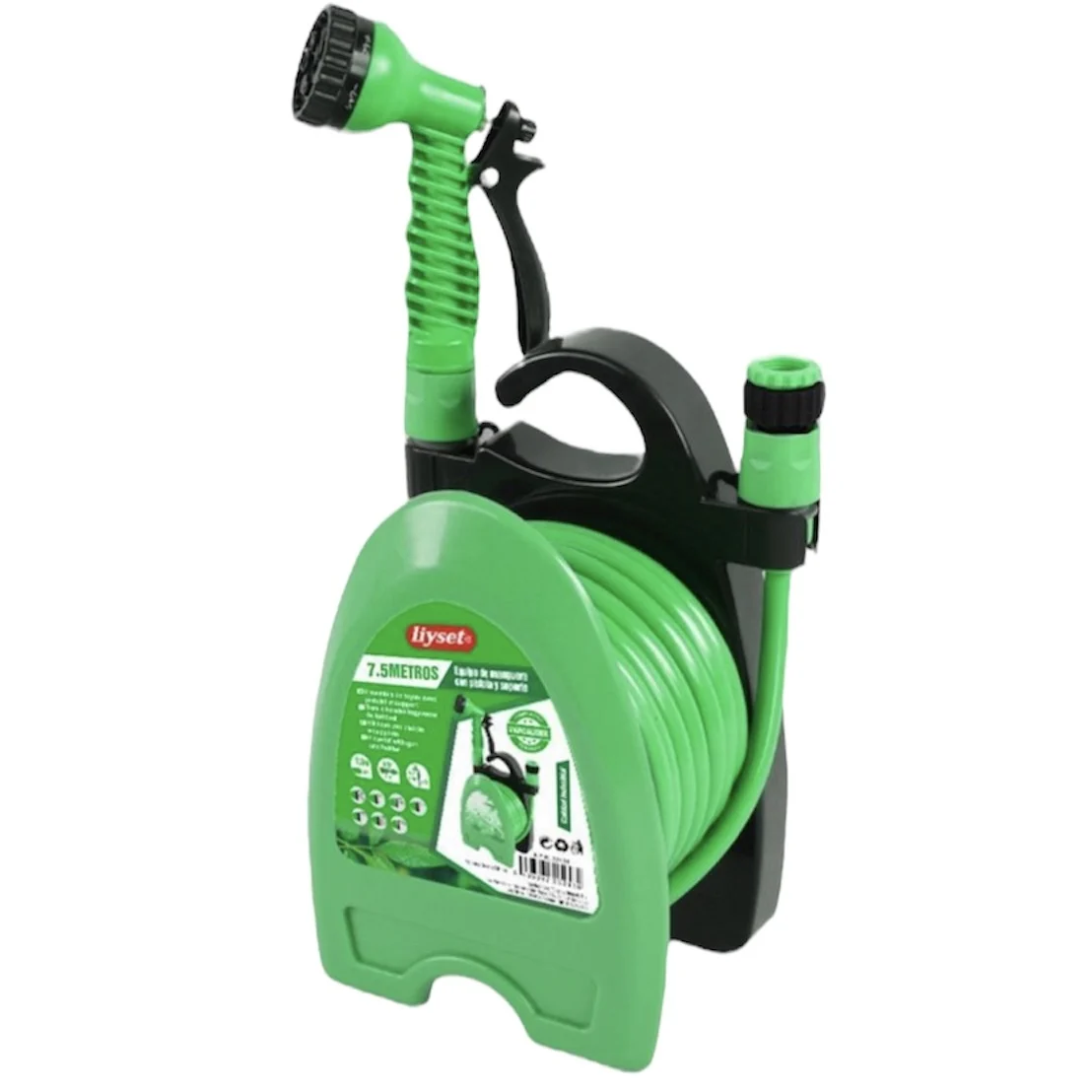 LIYSET-- Manguera de Jardín 7.5M/10 m con Soporte - Manguera con Pistola de Pulverización con 7 Funciones de Riego - Color Verde - Ideal para Jardín, Terraza, Huerto, Balcón