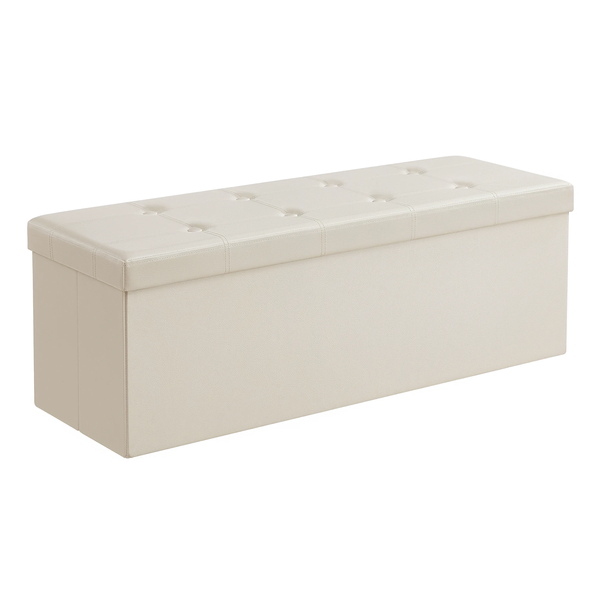 SONGMICS Foldable Storage Ottoman, Beige PVC Upholstered Bench with 120L Capacity and 300kg Load, Comfortable Foam Padding for Living Room, Bedroom, or Entryway Use
