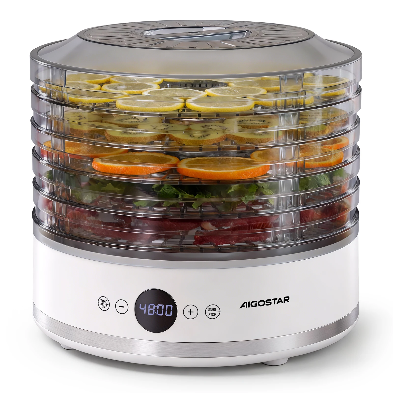 Aigostar Deshidratador de Alimentos, 5 Bandejas sin BPA con Pantalla LED - Temperatura Ajustable 35-70 ° C y Temporizador 48H para Frutas, Carnes y Verduras |   Funciona en Silencio, 380W, Modo