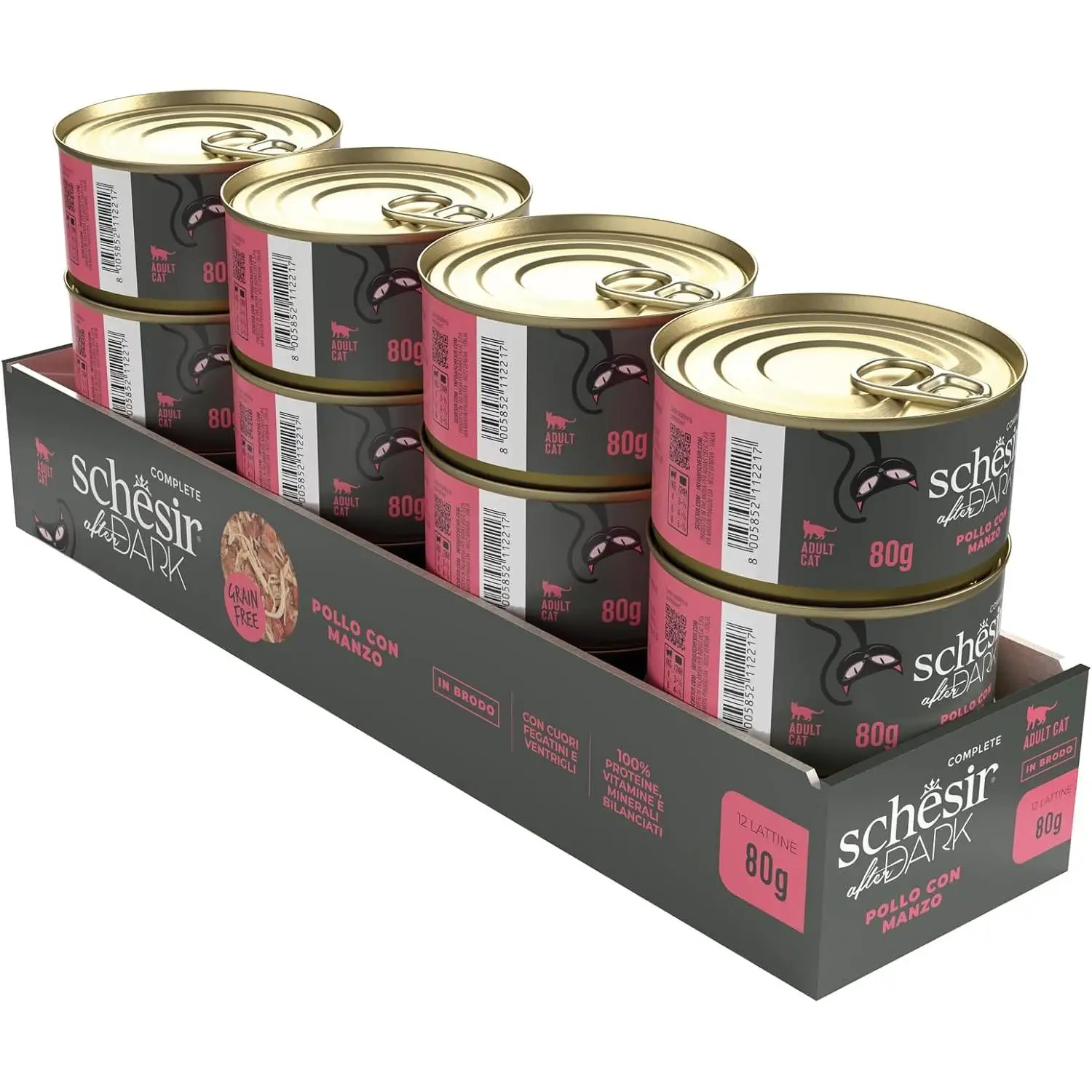 Schesir After Dark - Pollo con ternera en caldo Alimento húmedo Completo para Gatos Adultos (latas 12 x 80 g)