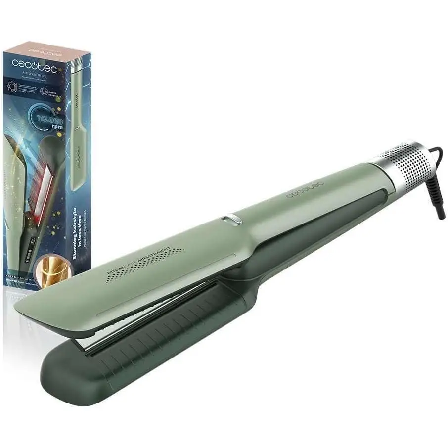 Cecotec Plancha De Pelo Con Aire Air Lisse Olive. 600W, Protege El Cabello, Tecnología Iónica, Keratina Y Aceite De Argán, 3 Modos Y Motor Bldc, Todo Tipo De Cabellos, 3 Temperaturas Y 3 Velocidades