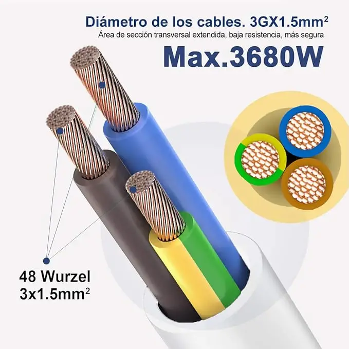 Power Extension Cable 2, 3, 5, 8, 10, 15M with Protection Plug, Max Power 3680W, 3G*1.5 mm², 230V, 16A, ideal for Home and Office use, stylish white design for durable and safe connections. #4