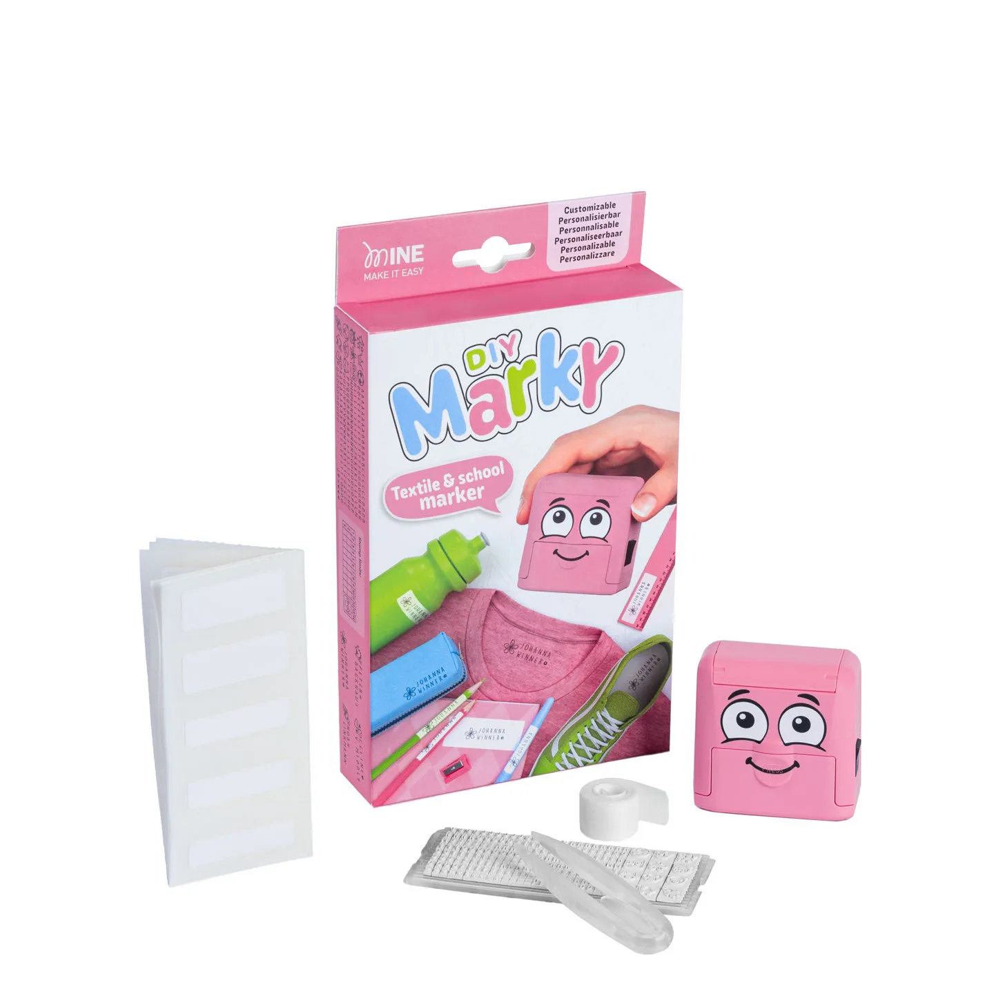 DIY MARKY - Sello Personalizable para Niños | para Ropa y Objetos Infantiles | Incluye Tinta hasta 1000 Impresiones | Kit Completo con Etiquetas y Cinta Termoadhesiva |