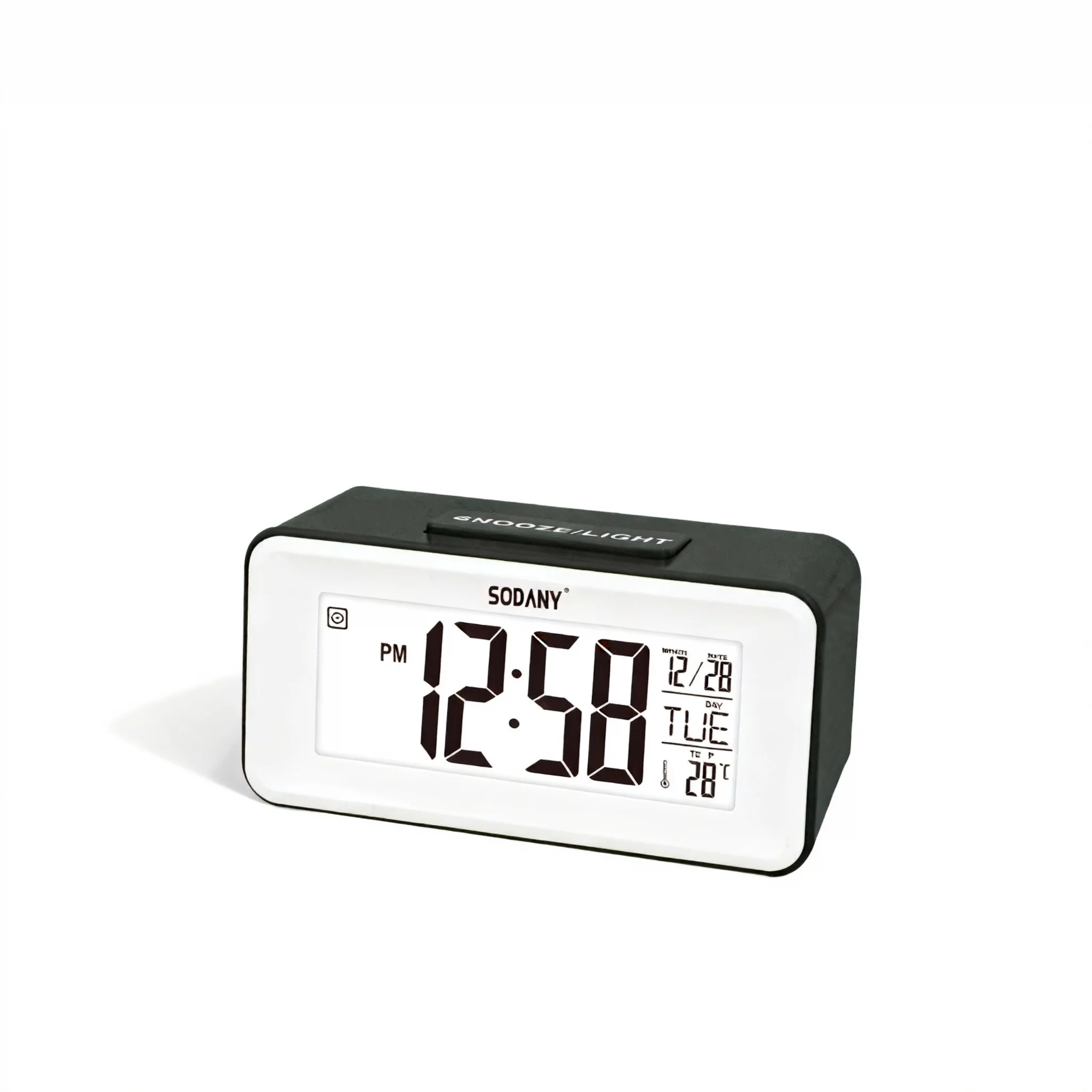 SODANY Reloj Despertador Digital LCD con Sensor de Voz, Alarma con 8 Melodías, Termómetro, Calendario, Luz Fondo, 10.4cm