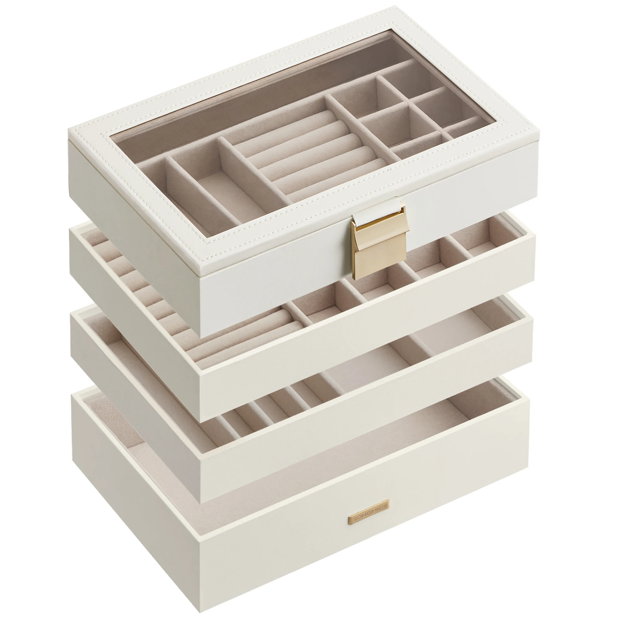 SONGMICS Caja Joyero con 4 Bandejas Apilables, Caja de Joyas Grande, Tapa de Cristal Transparente, 17 x 28 x 18,3 cm, para Cajón de Tocador, Idea de Regalo, Blanco/Negro, Regalo de Navidad