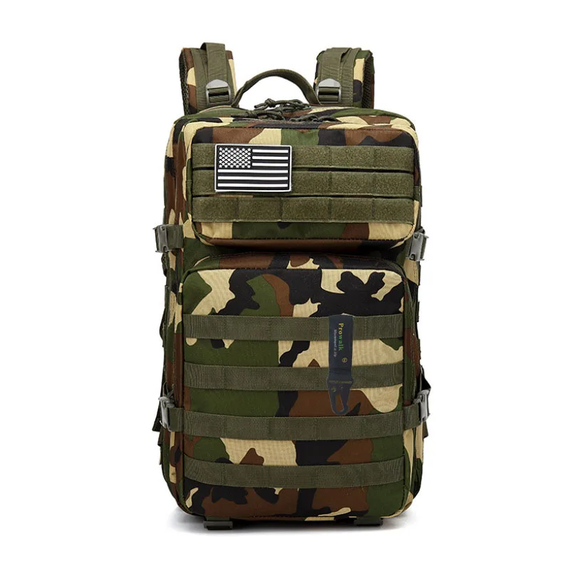 Mochila Táctica Negra Prowalk de 45 Litros para Senderismo y Acampada con Sistema Molle