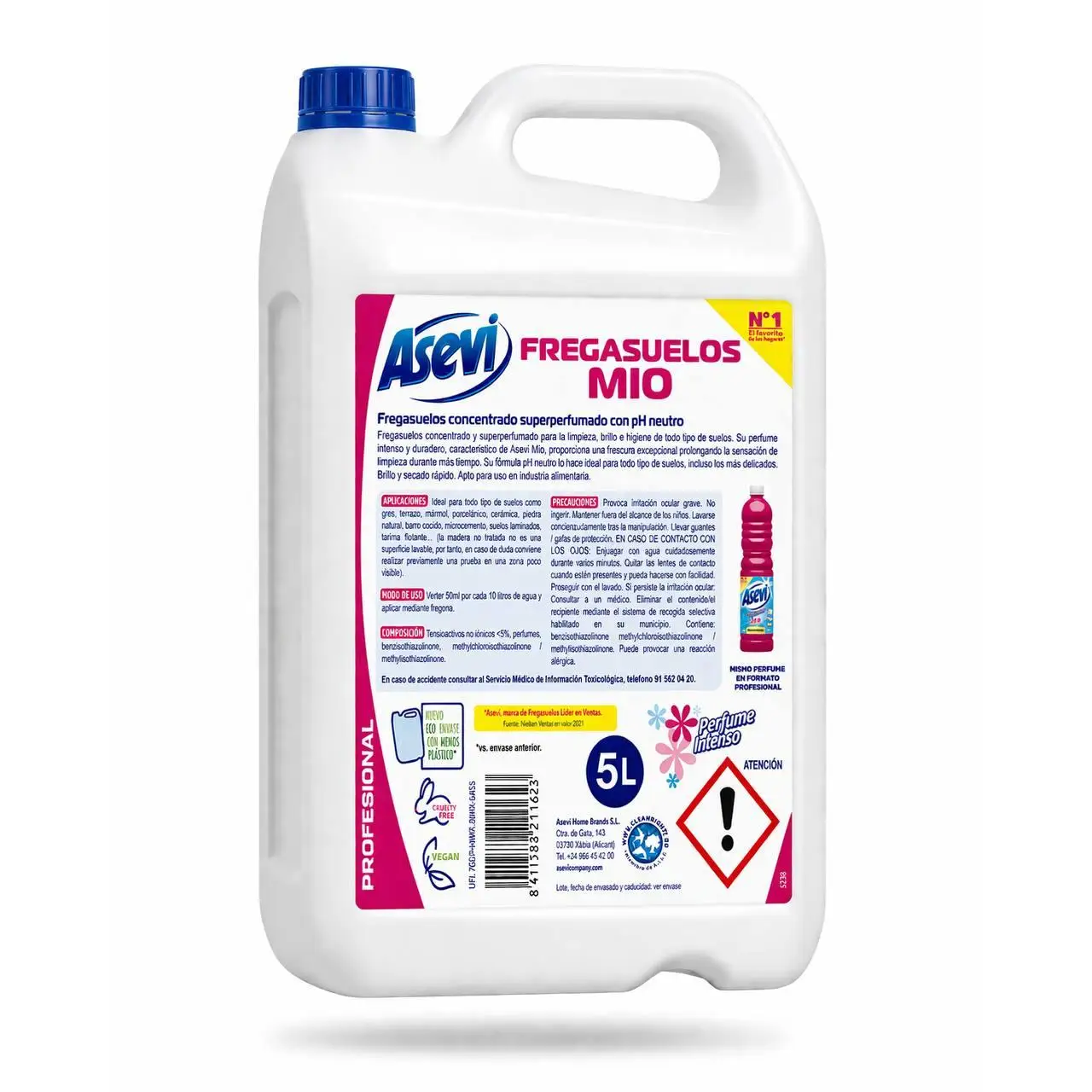 Asevi Fregasuelos Perfumado Duradero Mio - Friegasuelos Concentrado con Aroma Floral - Limpiasuelos con pH Neutro para Todo Tipo de Suelos, Incluso Superficies Delicadas - Envase de 5 Litros
