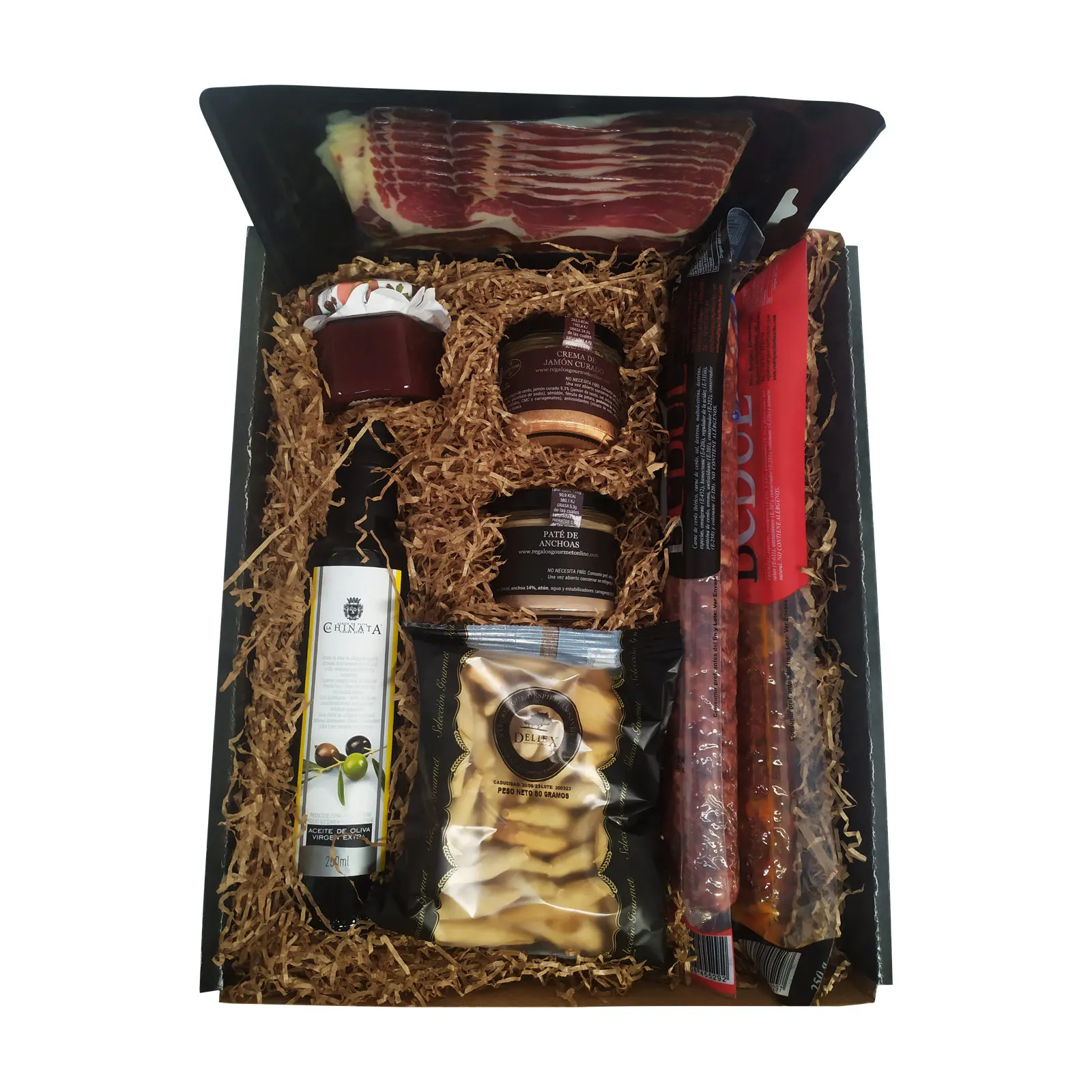 Deliex delicacies of Extremadura. Gift gourmet basket with oil La Chinata, ham, lot of Iberian, patés, pickaxes. .. Original gifts for men and women. (Basket without cheese)