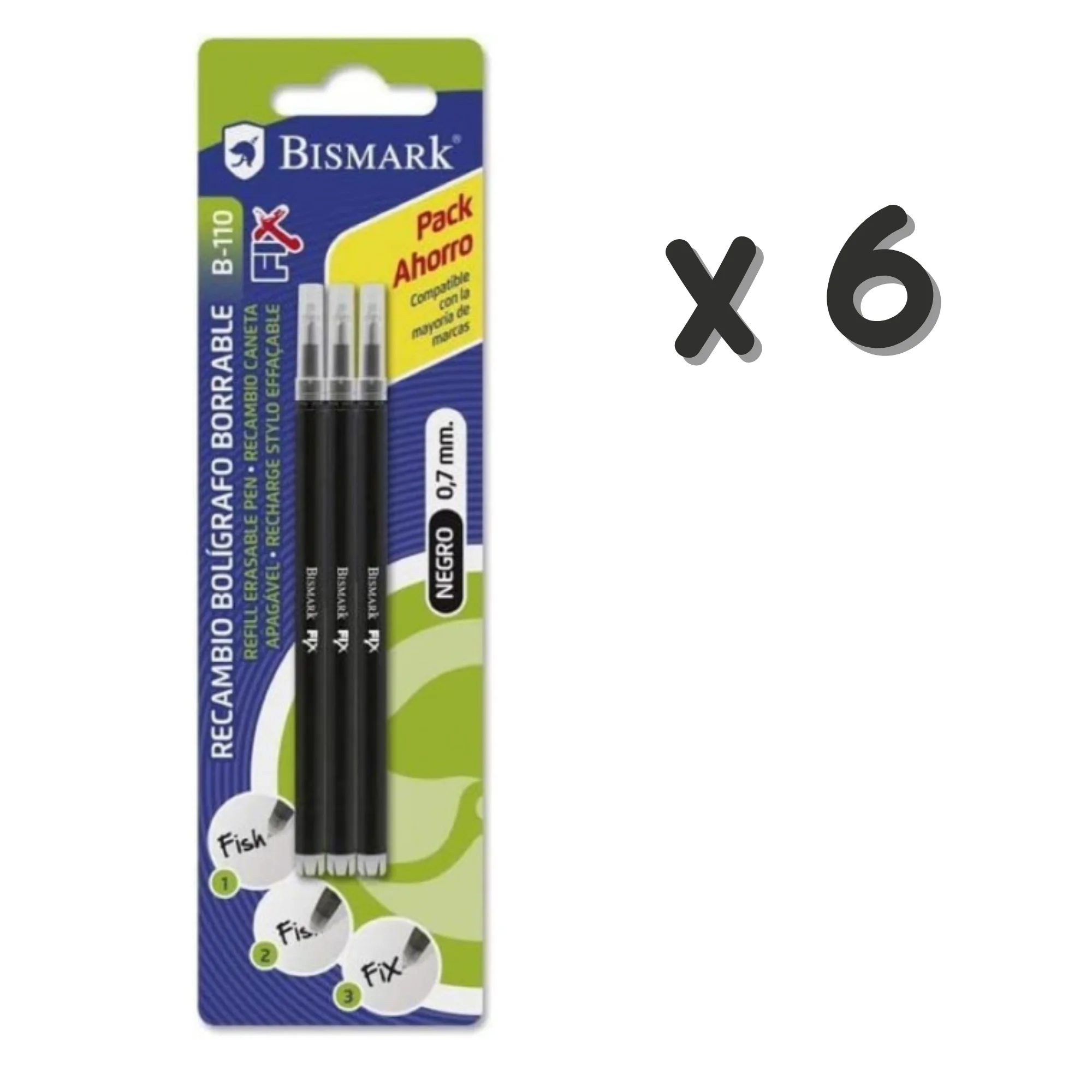 Bismark Fix Pack Ahorro 6 paquetes - 18 Recambios Bolígrafo Borrable - Punta Fina 0.7mm - Compatible Pilot Frixion - Negro