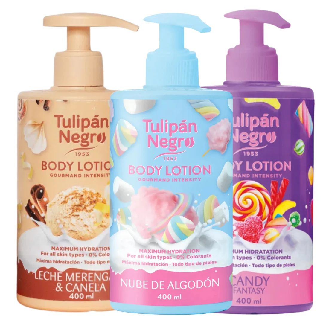 Pack 3 Lociones Corporales Tulipán Negro 400 ml | Aromas irresistibles: Canela y Leche Merengada, Candy y Nubes de Algodón. Hidratación profunda, suavidad y fragancias dulces para tu cuidado tulipan negro, marca viral y producto de toda la vida ideal