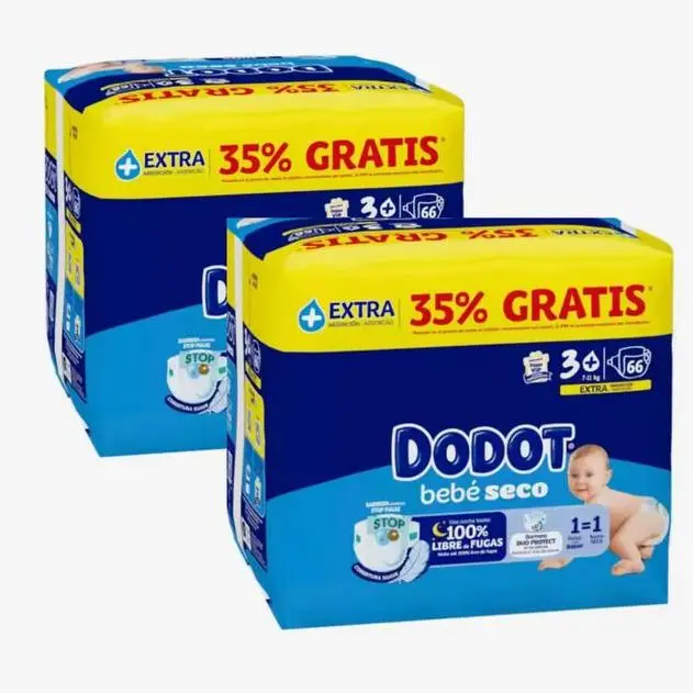PACK de 2 - DODOT Pañal Bebé Seco Talla 3+ - 132 Unidades (2 paquetess de 66 unidades?