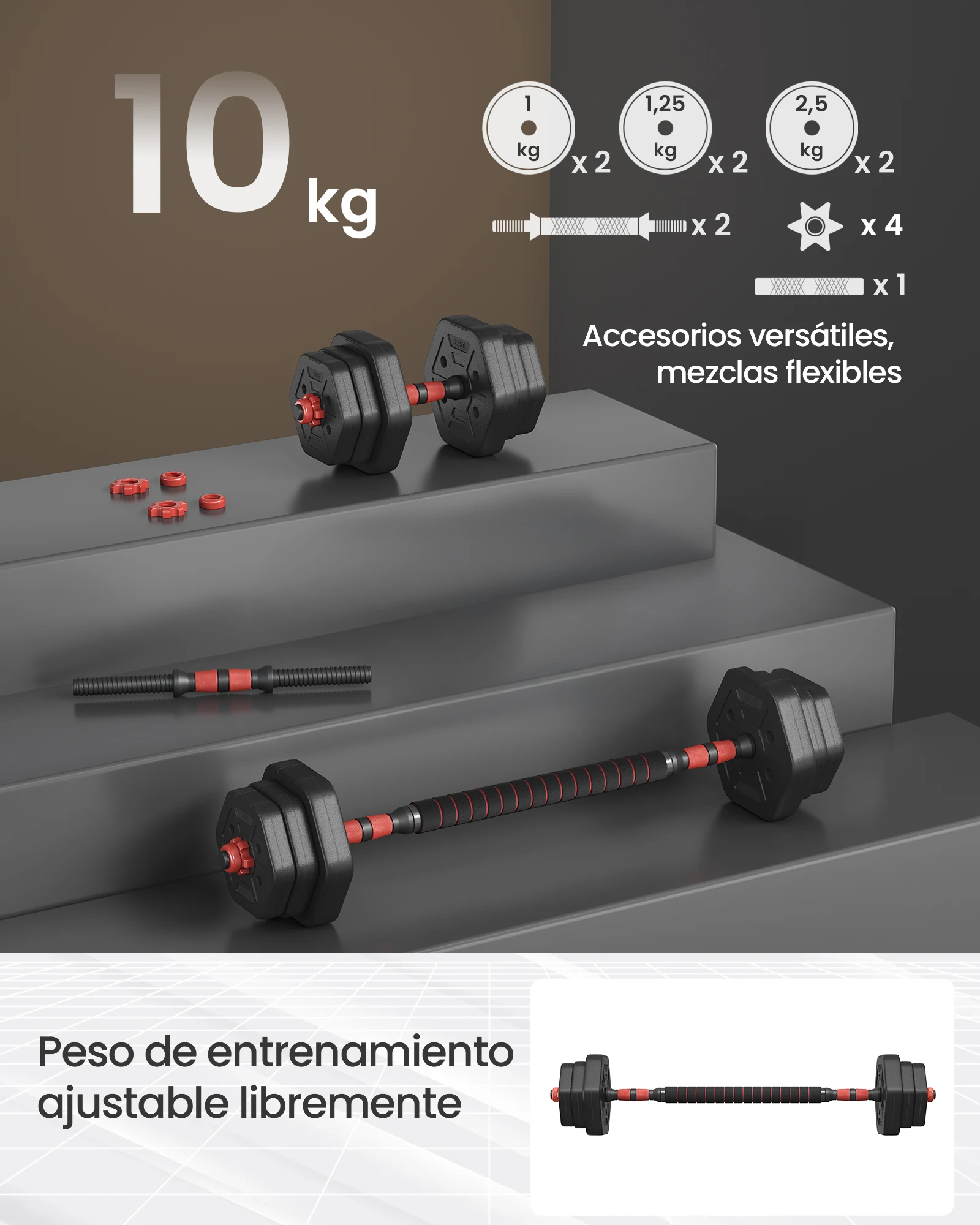 SONGMICS Adjustable Dumbbells Set for Home Gym, Hexagonal Weights 10 kg with Anti-Slip Design and Quick Lock, Includes Short Bar, Iron Discs for Full Body Workout, Perfect for Fitness Training #5